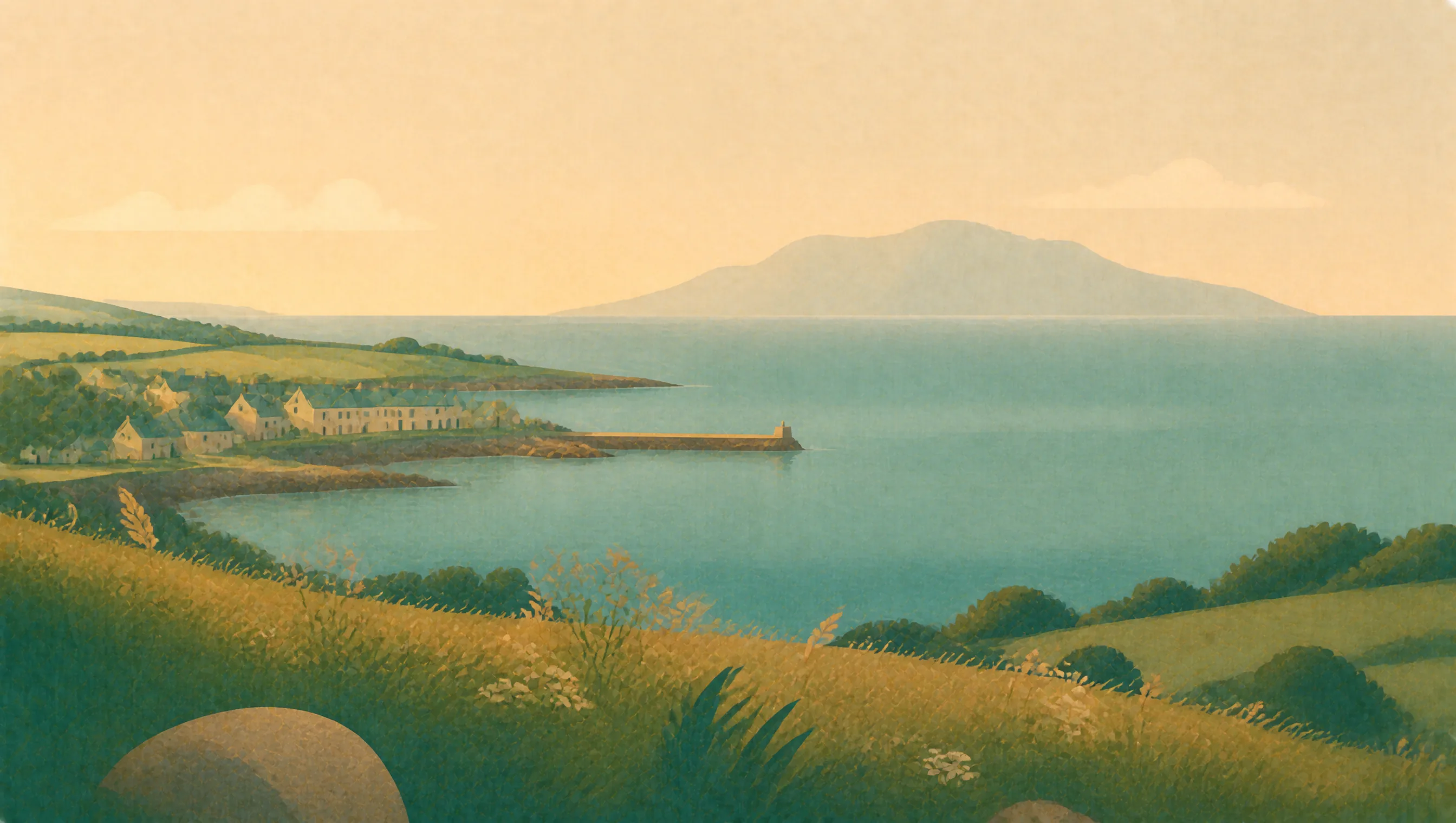 An illustrated North Ayrshire coast with a sheltered harbour, low fields and an island across the Firth of Clyde.