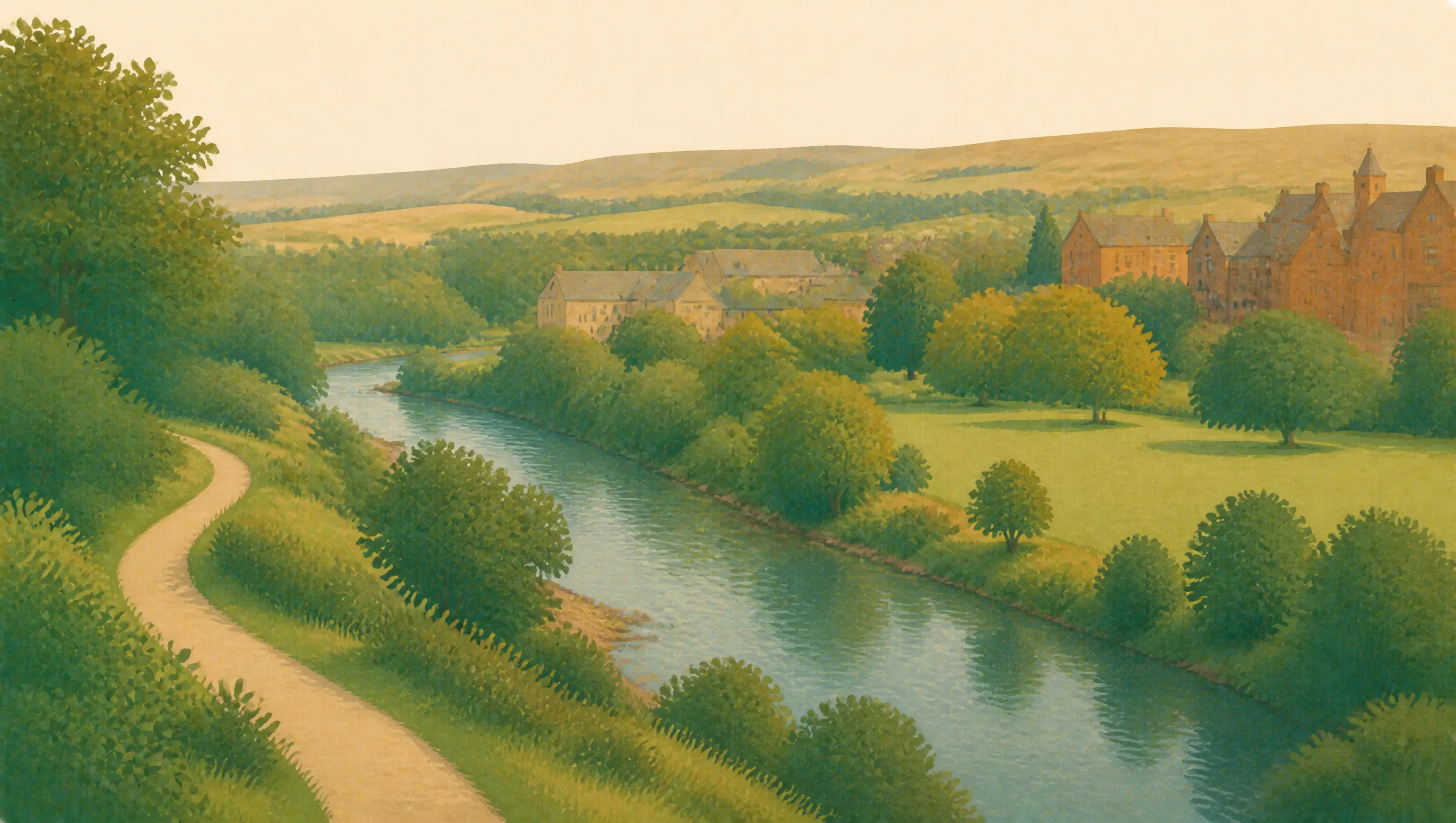An illustrated North Lanarkshire riverside with a green path, stone town, woodland and low hills.