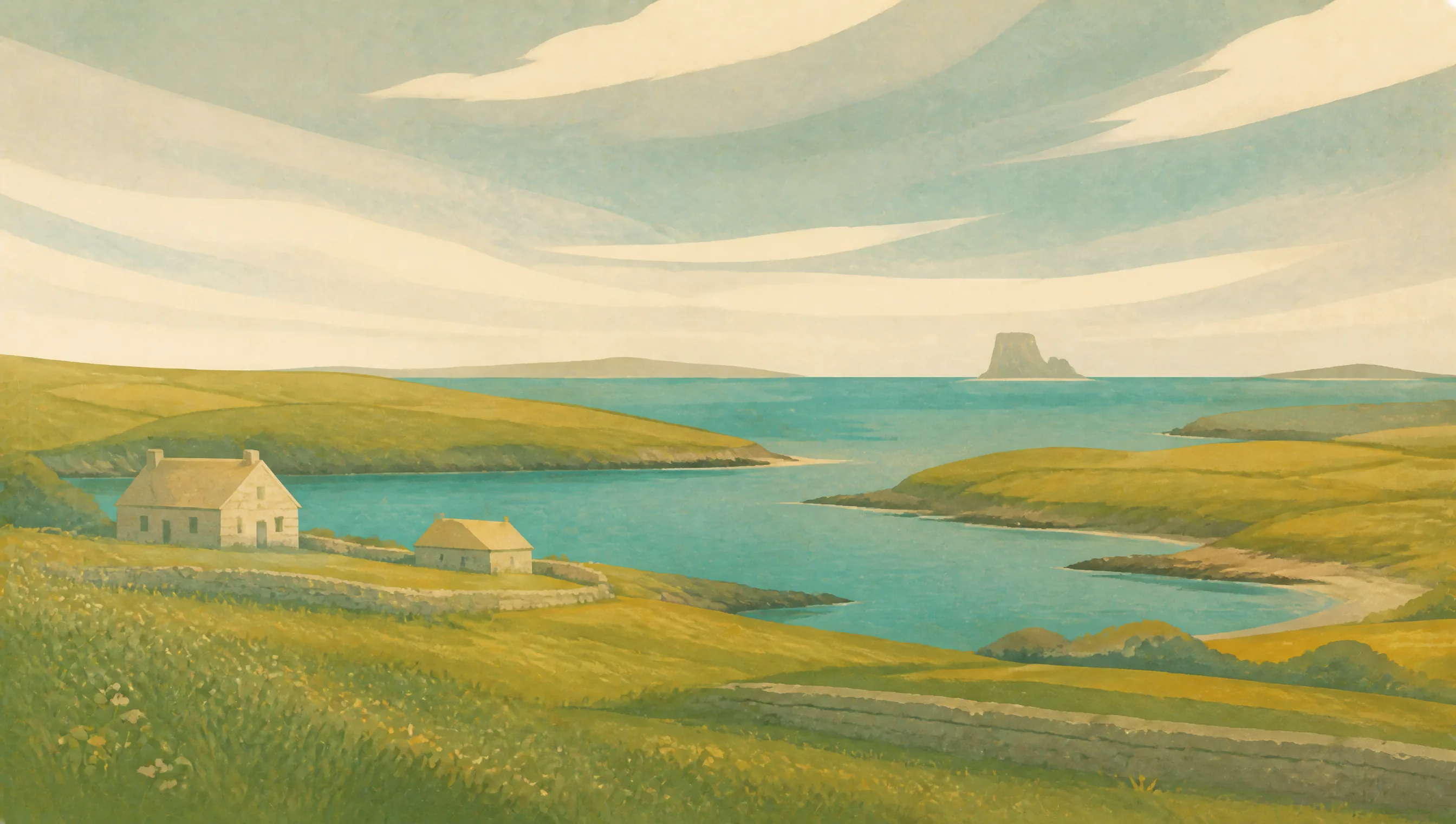 An illustrated Orkney landscape of low green islands, stone crofts, sheltered water and a distant sea stack.