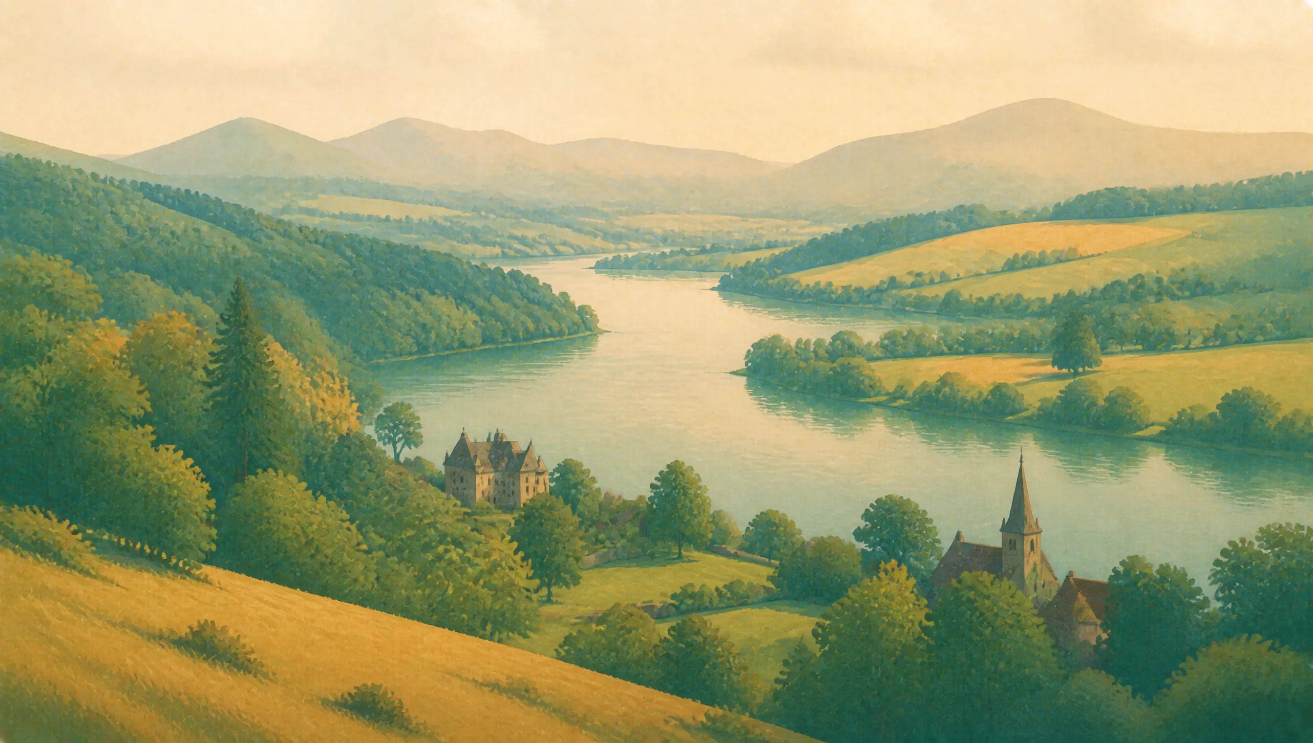 An illustrated Perth and Kinross landscape with a broad loch, wooded banks, small settlements and Highland hills.