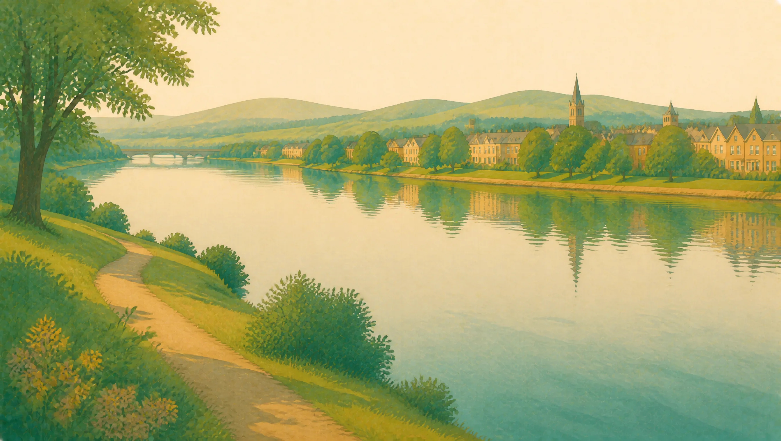 An illustrated Renfrewshire riverside with a broad path, stone town, church spires and low hills.