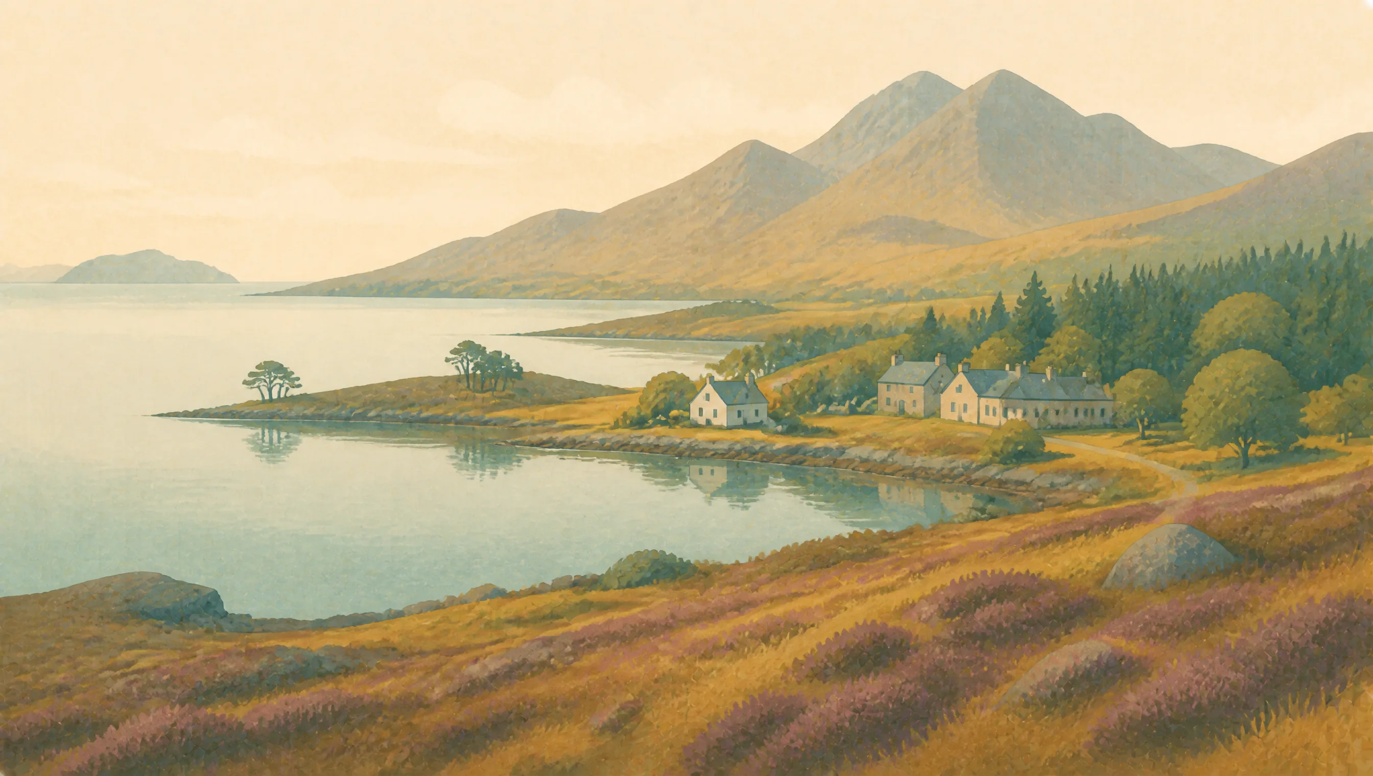 A warm illustrated Scottish landscape of a mountain loch, heather, woodland and a small settlement.
