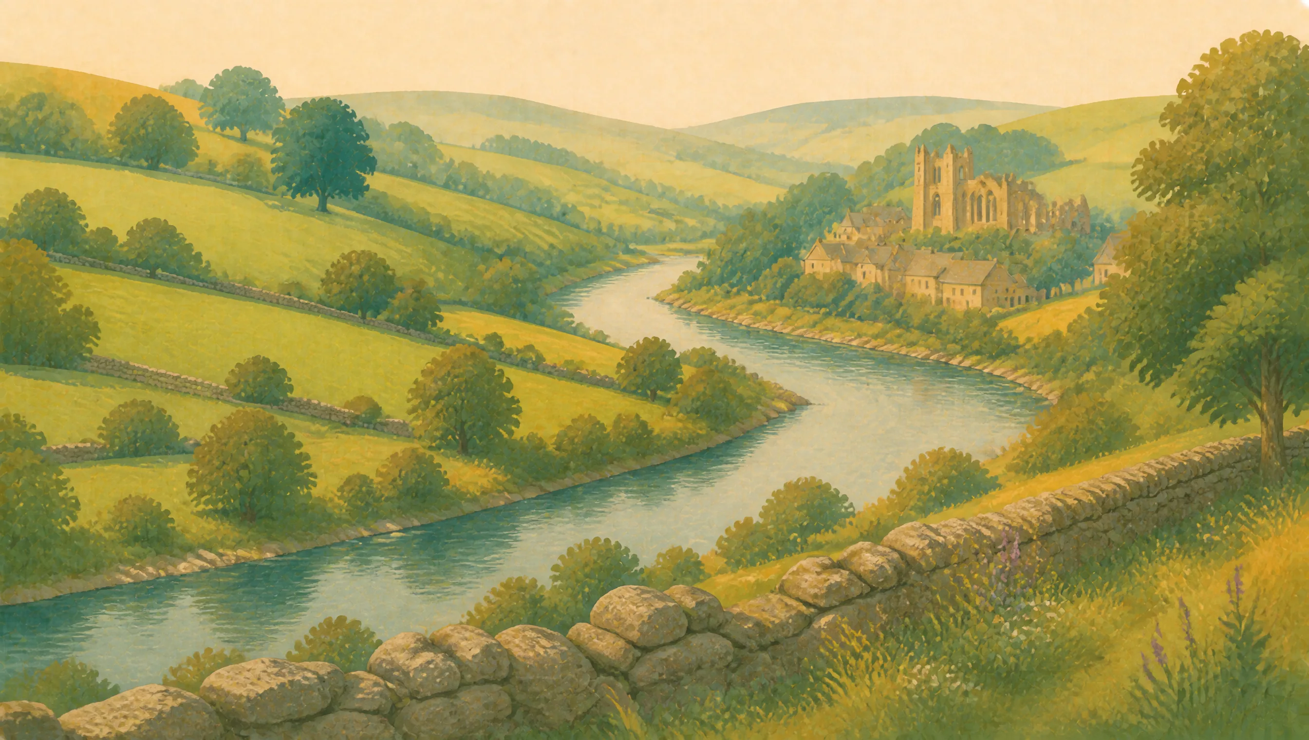 An illustrated Scottish Borders valley with the River Tweed, stone walls, green hills and a ruined abbey.