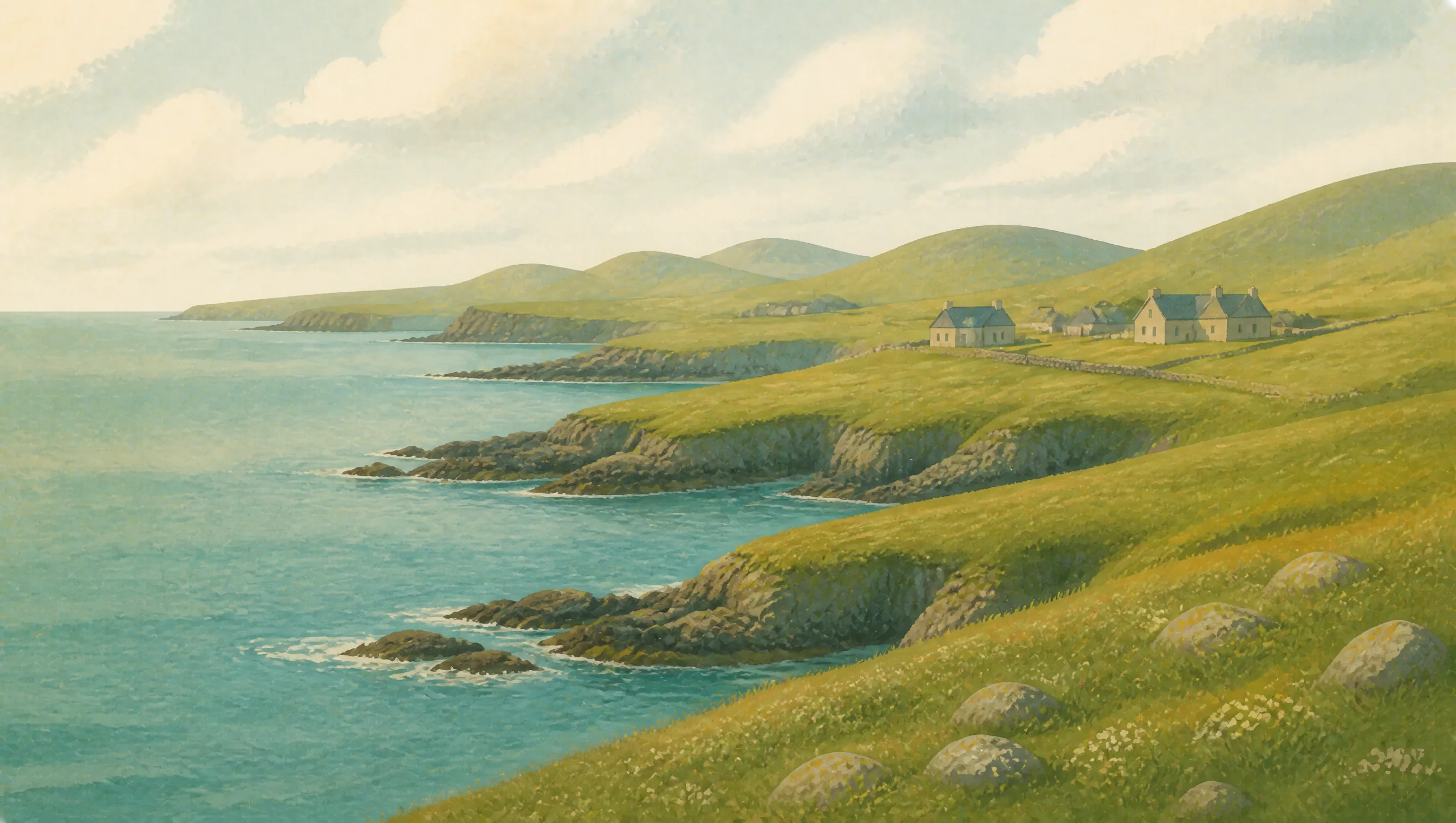 An illustrated Shetland coastline with treeless green hills, rocky inlets and scattered stone crofts.