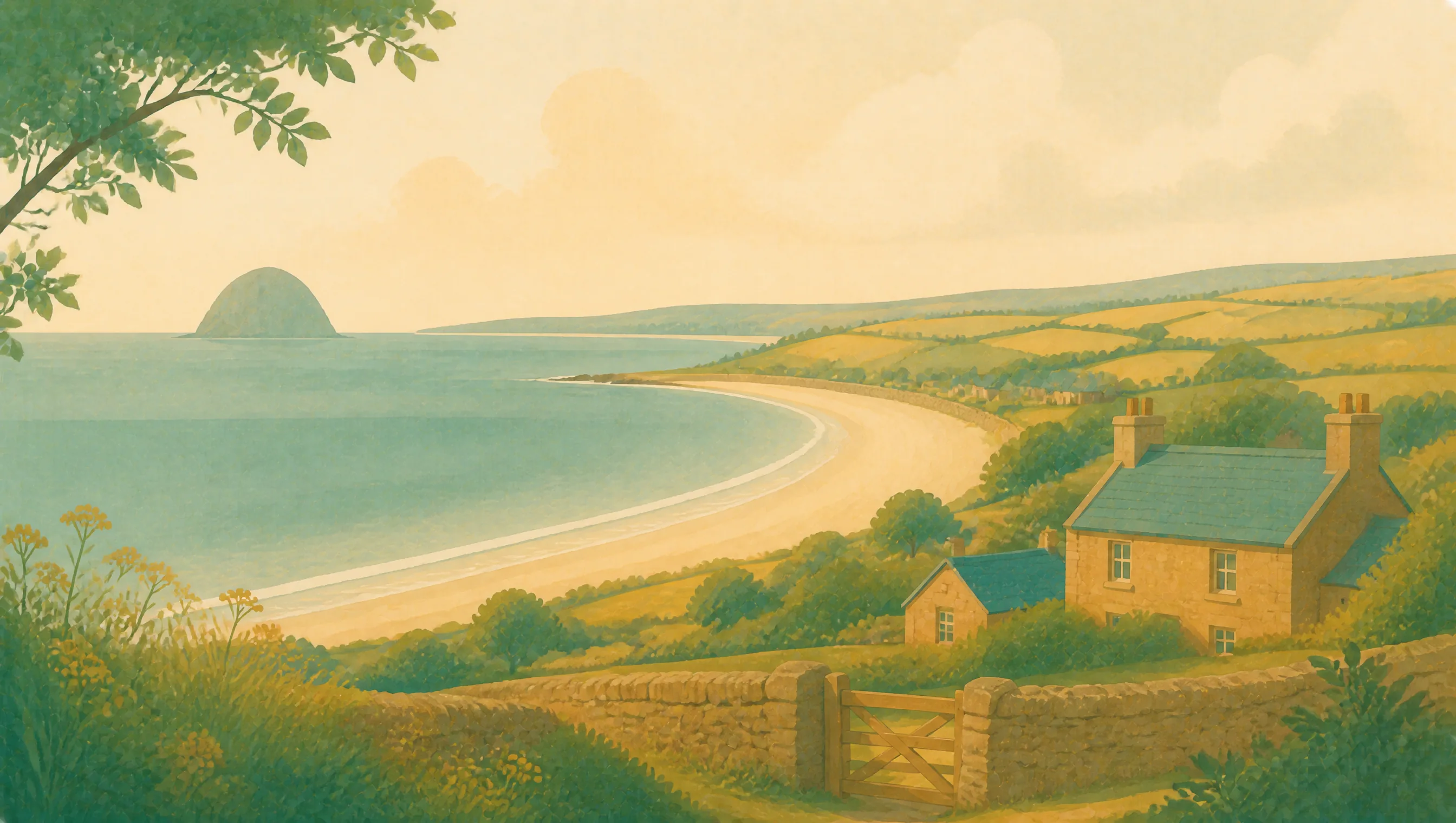 An illustrated South Ayrshire coast with a sweeping bay, stone cottage, green fields and an island offshore.