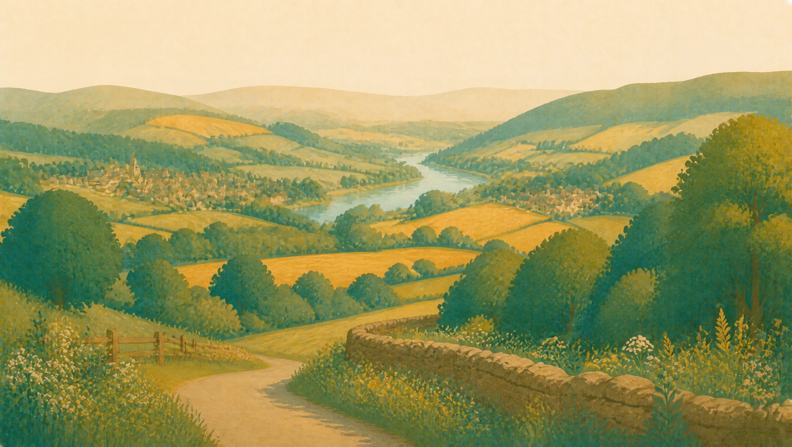 An illustrated South Lanarkshire valley with the River Clyde, fields, woodland and a distant town.