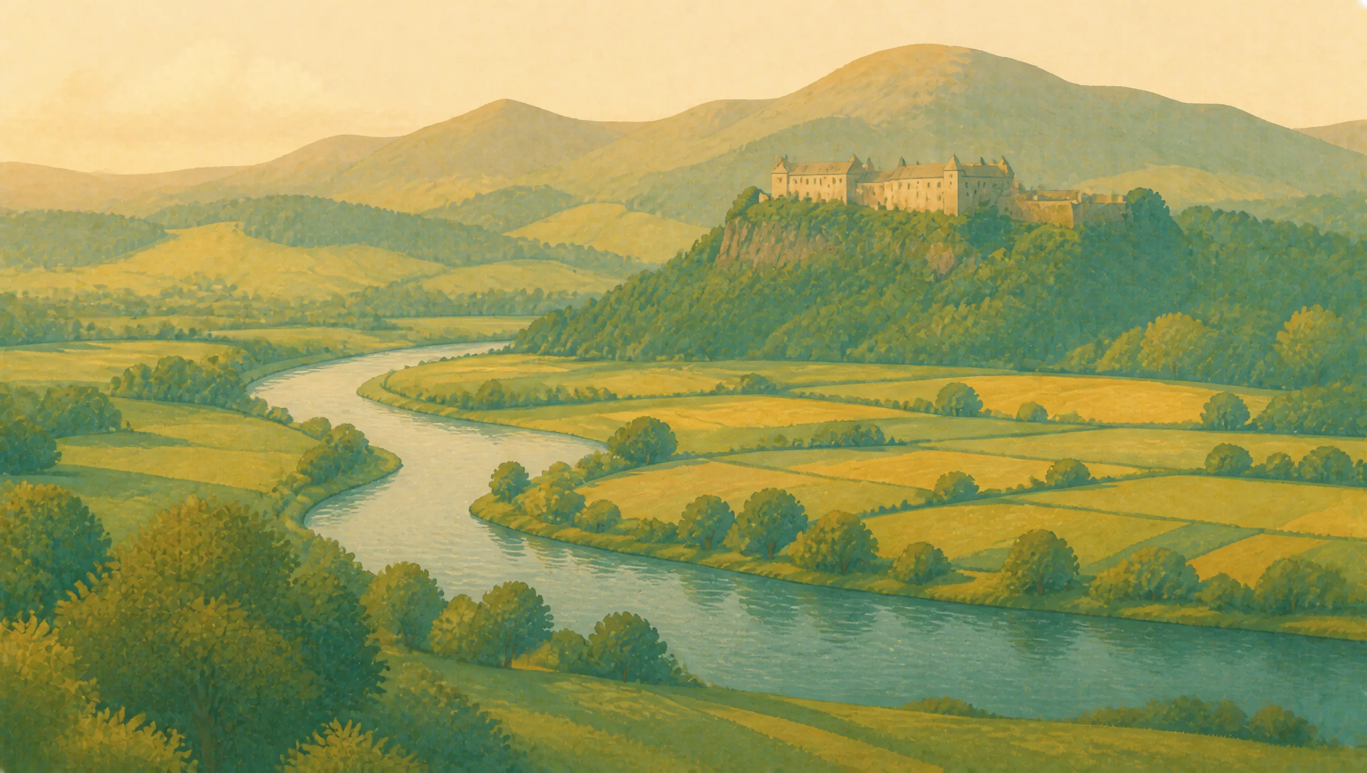 An illustrated Stirling landscape with a winding river, patchwork fields, wooded crag and hilltop castle.
