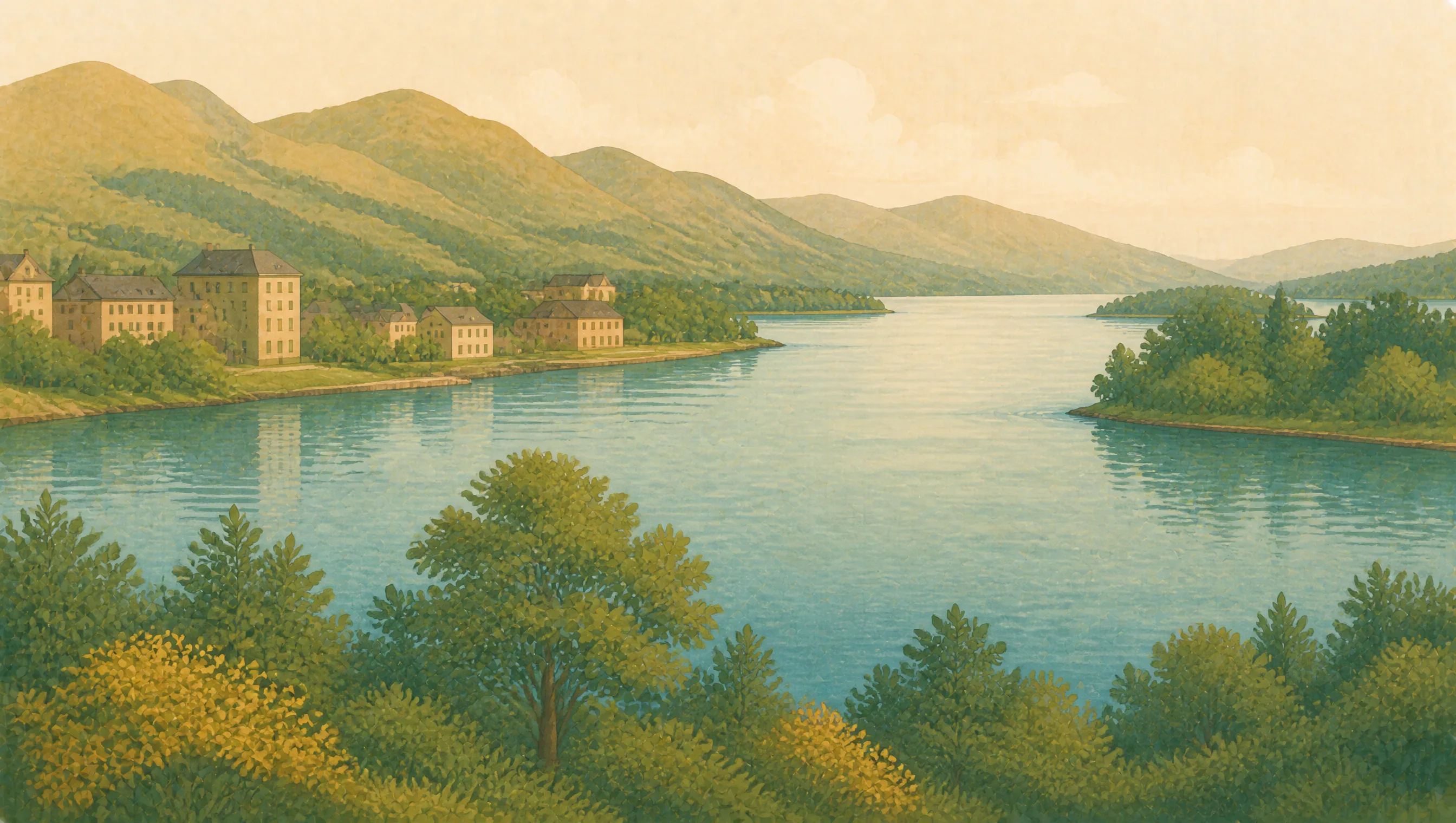 An illustrated West Dunbartonshire view across the Clyde towards wooded shores, stone buildings and Highland hills.