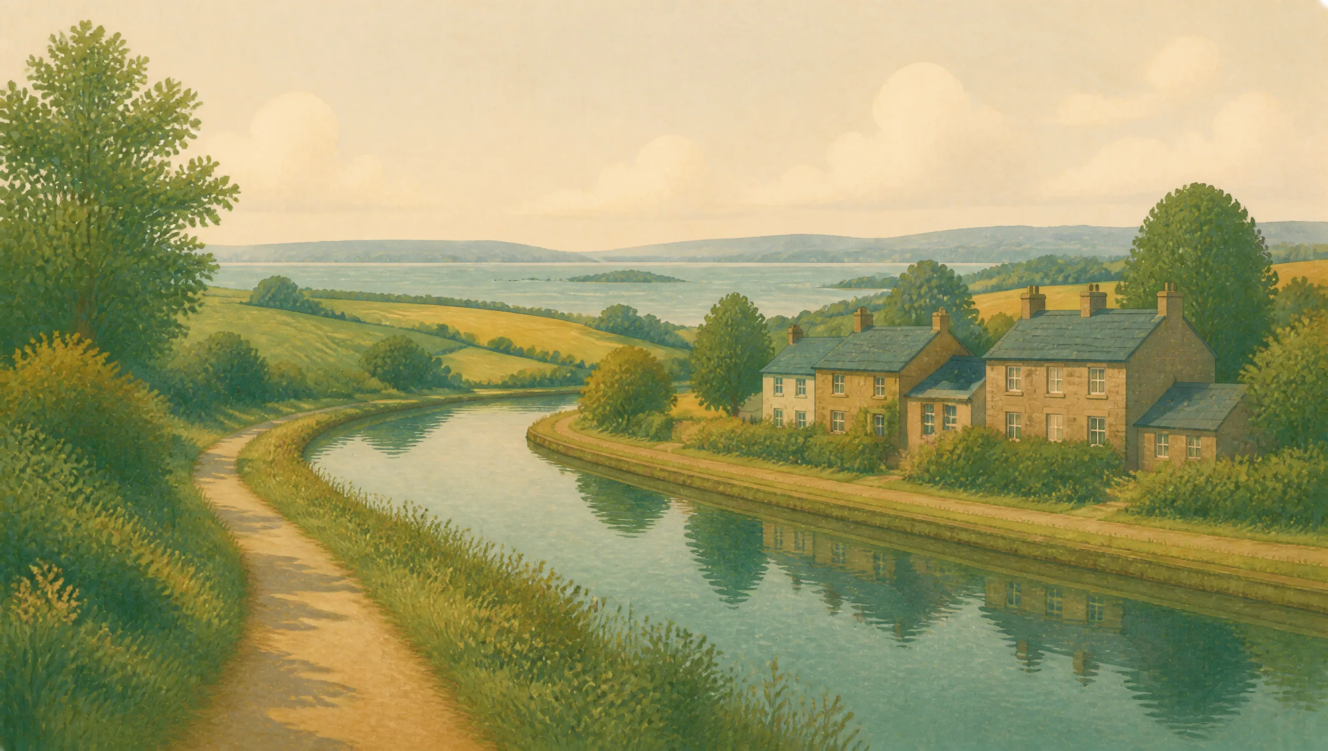 An illustrated West Lothian canal with a towpath, stone cottages, low hills and the distant Firth of Forth.