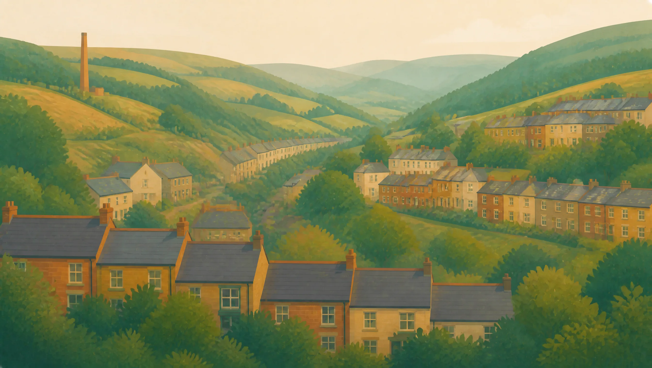 An illustrated Blaenau Gwent valley with hillside terraces, stone and red-brick homes and green ridges.