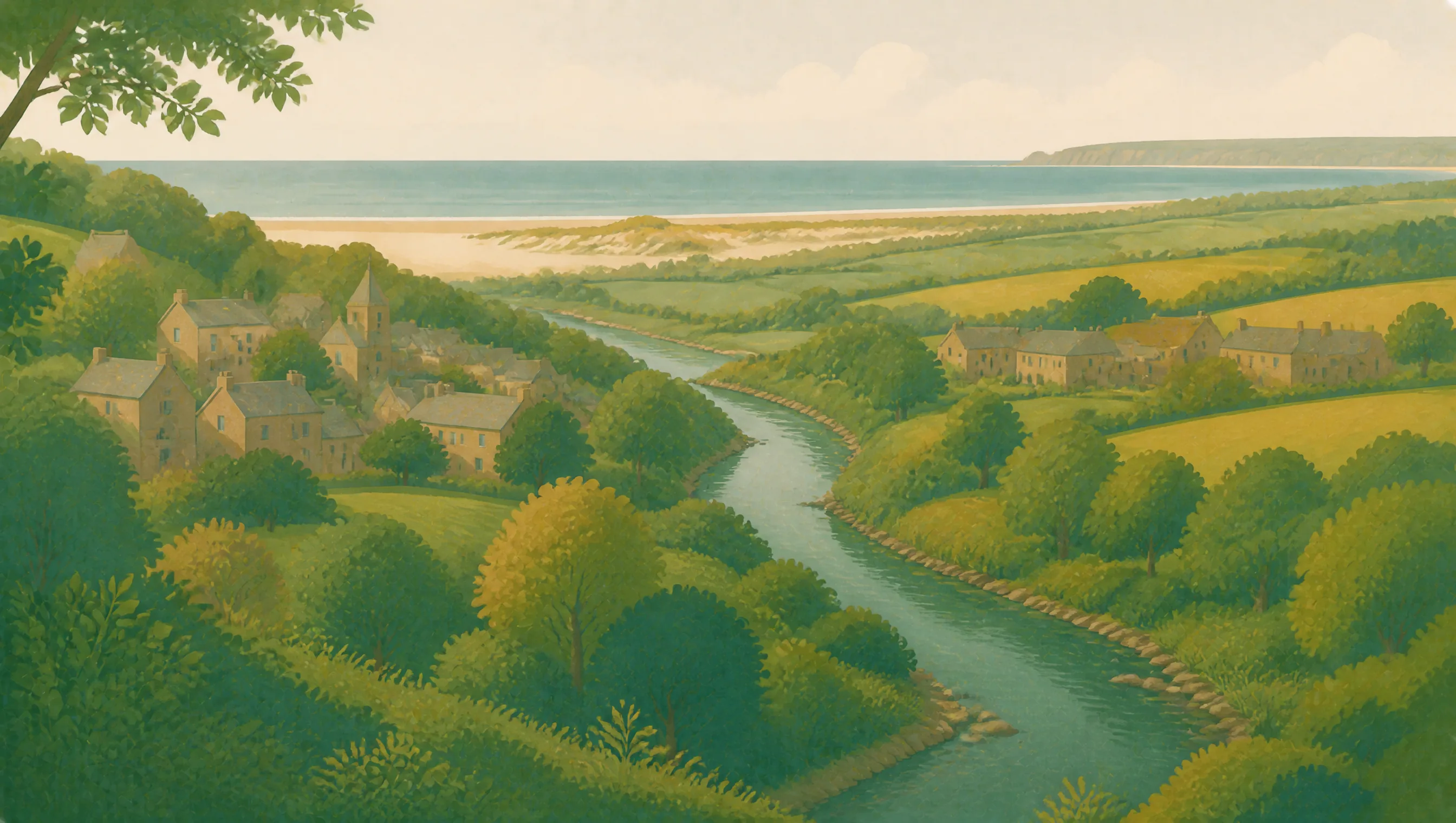An illustrated Bridgend landscape with a river valley, stone villages, sand dunes and the coast.