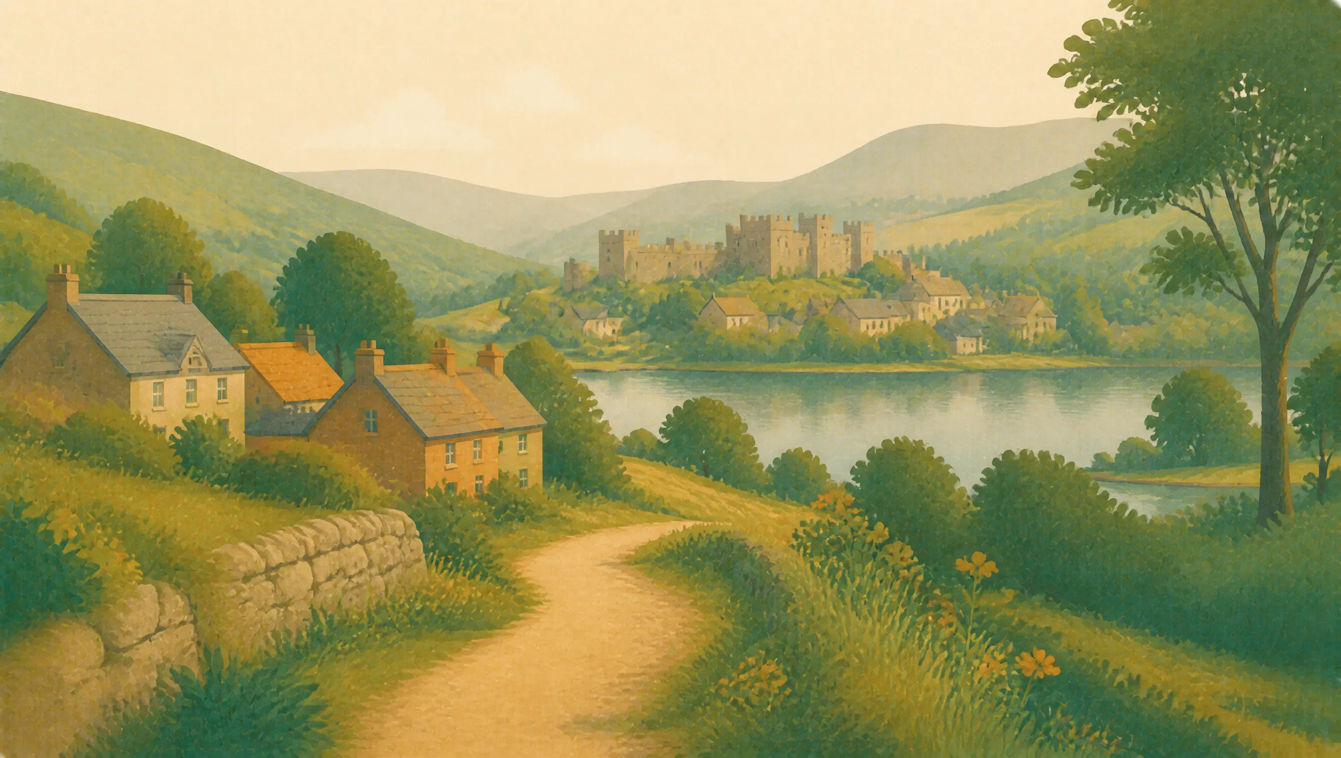 An illustrated Caerphilly valley with hillside homes, green slopes, a lake and a distant castle.