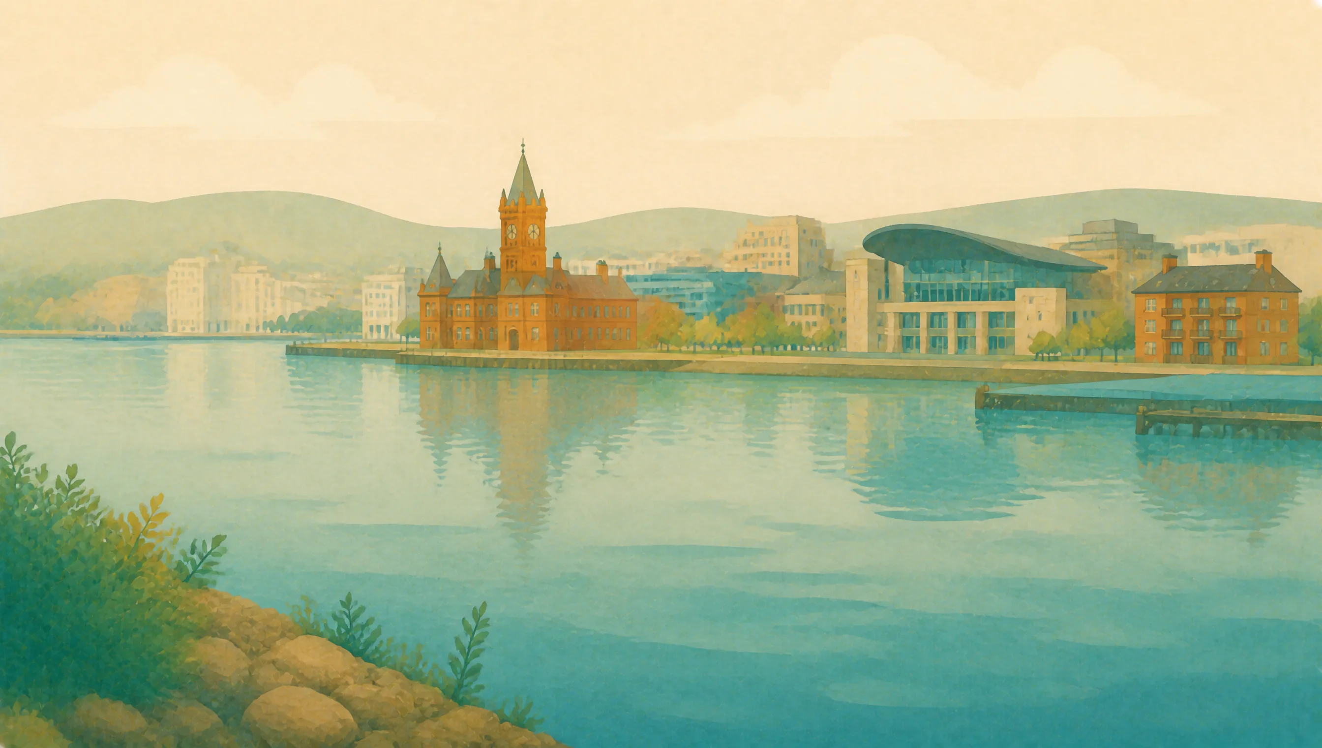 An illustrated Cardiff Bay waterfront with the red-brick Pierhead, modern buildings and low hills.