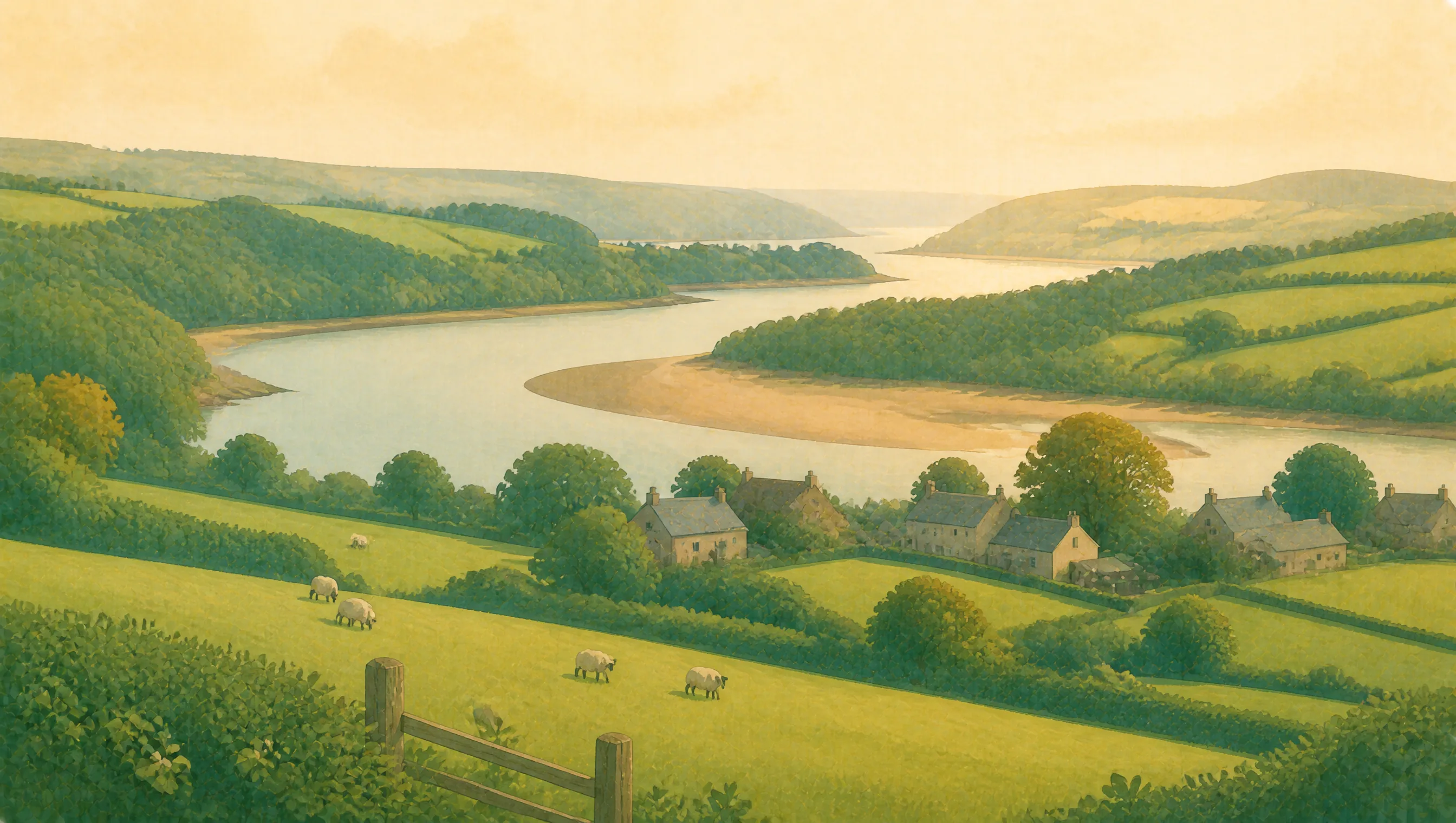 An illustrated Carmarthenshire landscape with green farms, sheep pasture and the broad Tywi estuary.