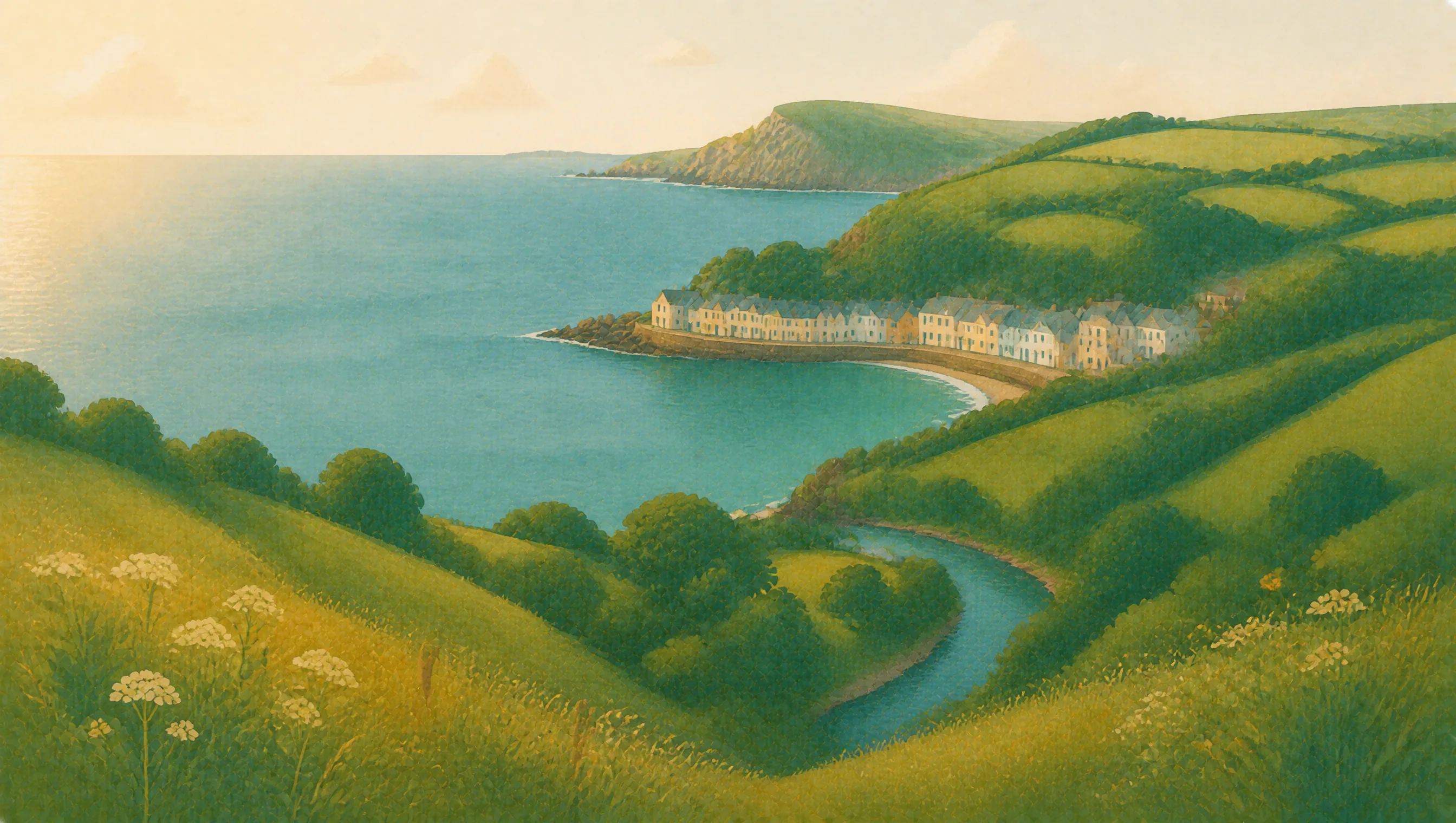 An illustrated Ceredigion coast with green cliffs, a winding river and a small seaside village.