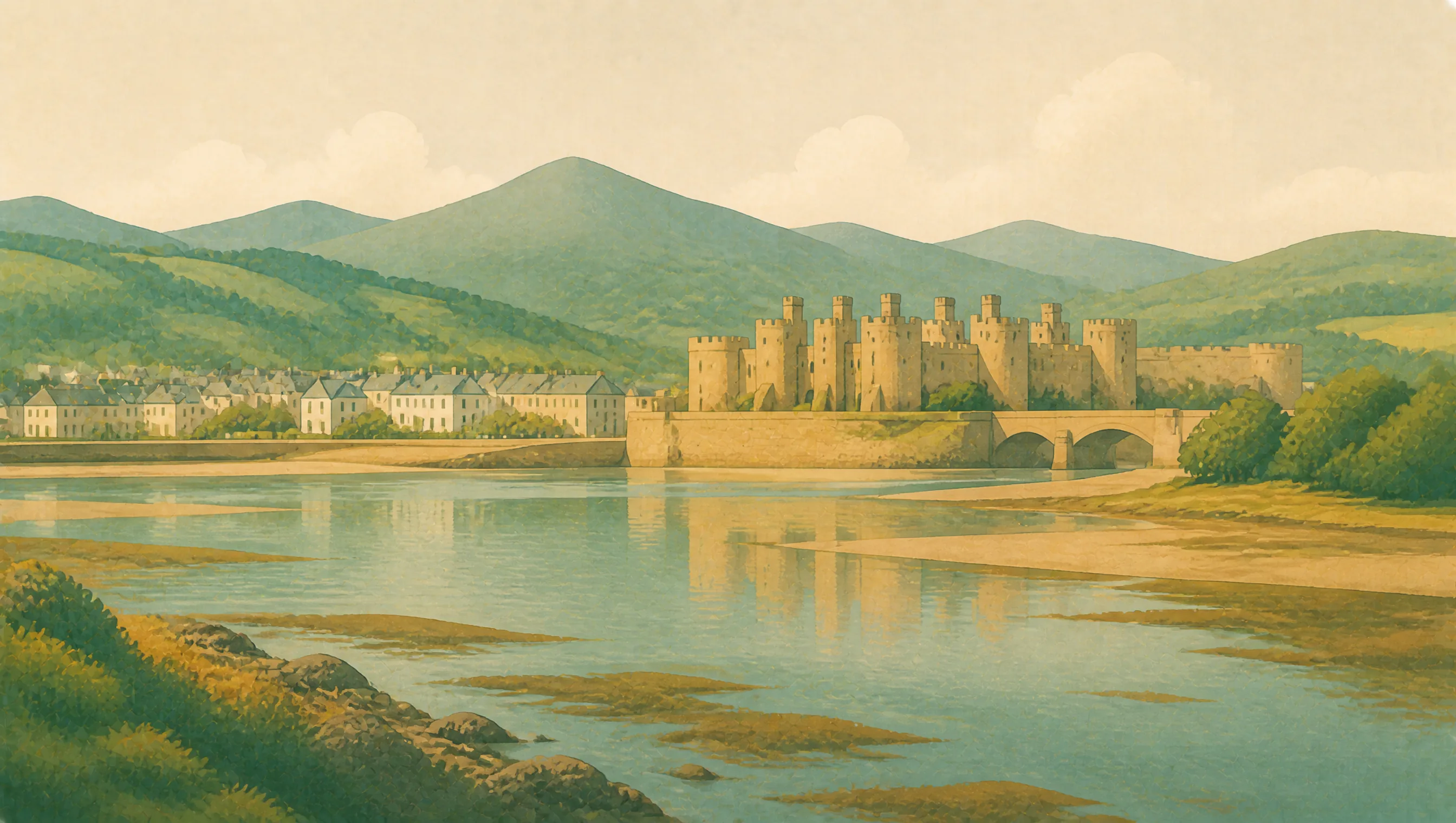 An illustrated Conwy estuary with a walled castle, stone town, bridge and mountain backdrop.