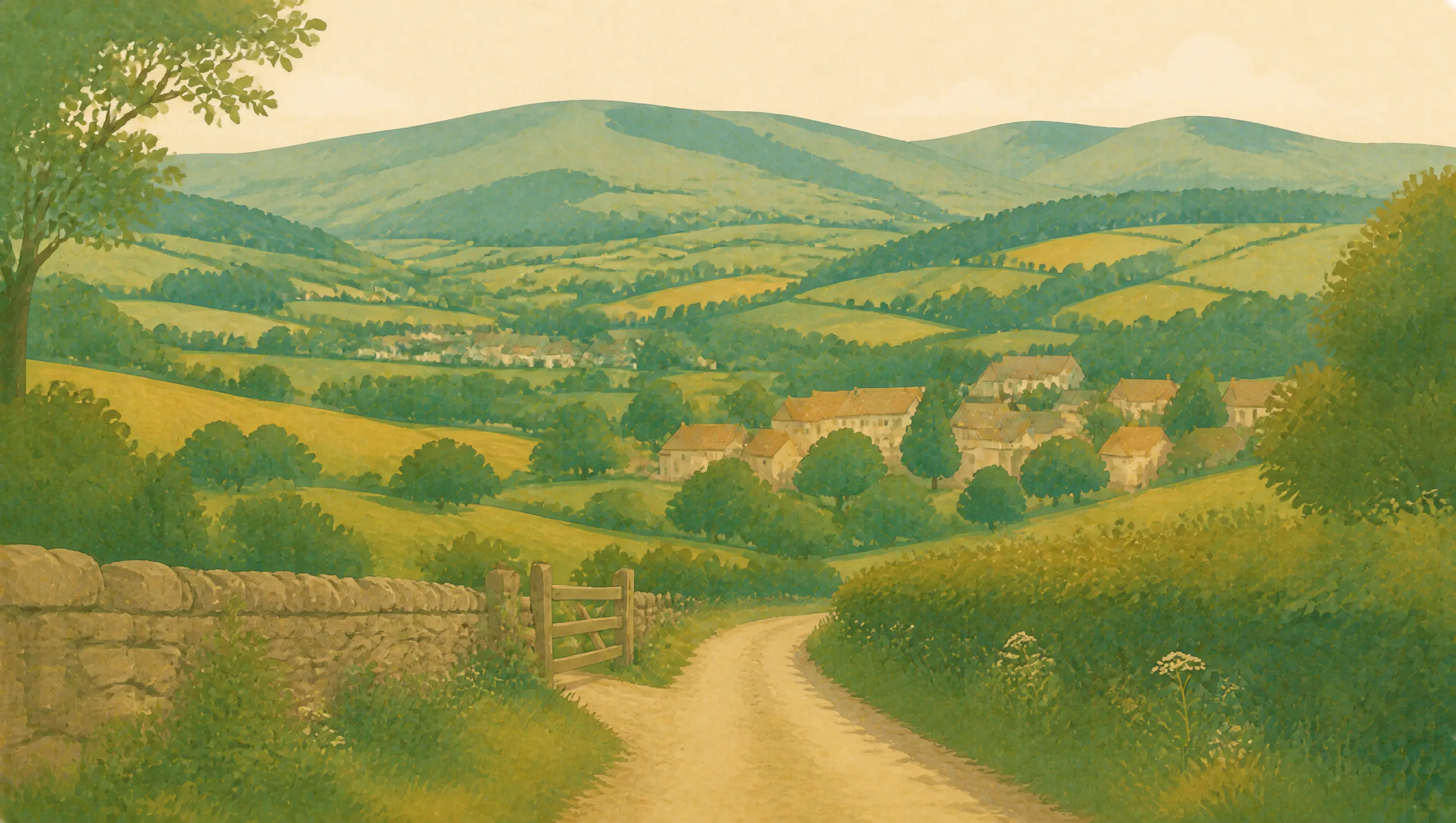 An illustrated Denbighshire landscape with a country lane, stone villages, patchwork fields and the Clwydian hills.