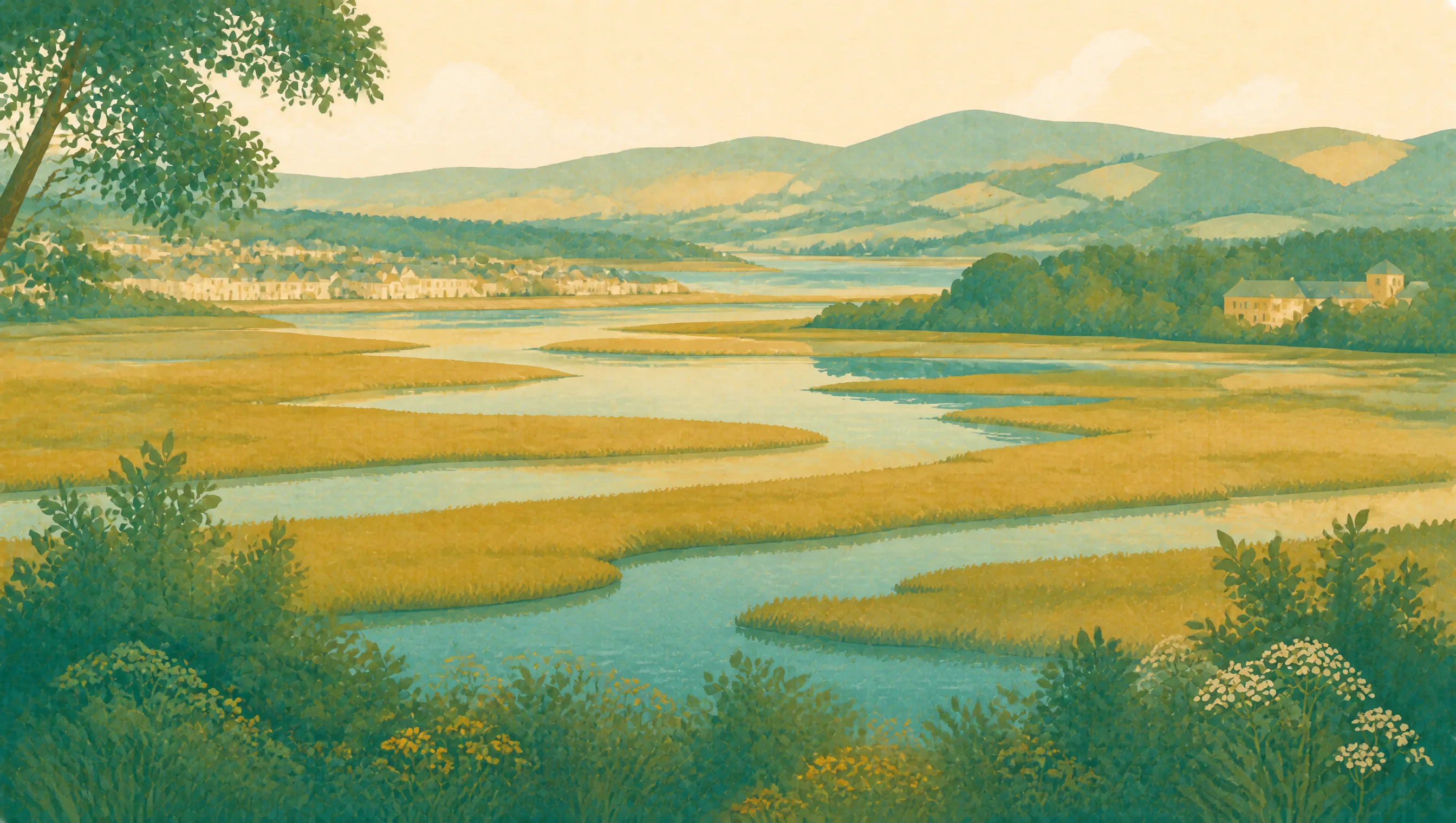 An illustrated Flintshire estuary with tidal channels, reedbeds, shoreline towns and the Clwydian hills.