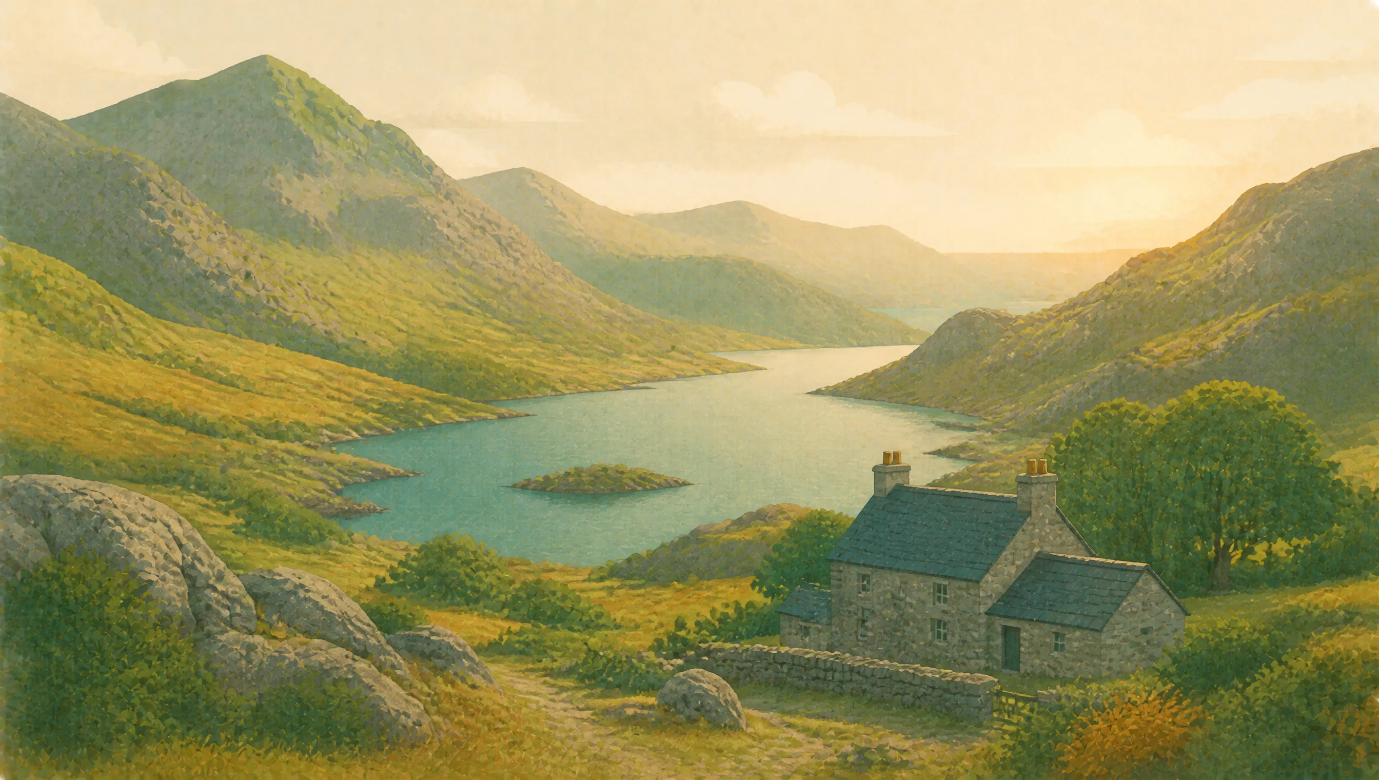 An illustrated Gwynedd mountain valley with a long lake, rocky slopes and a stone cottage.