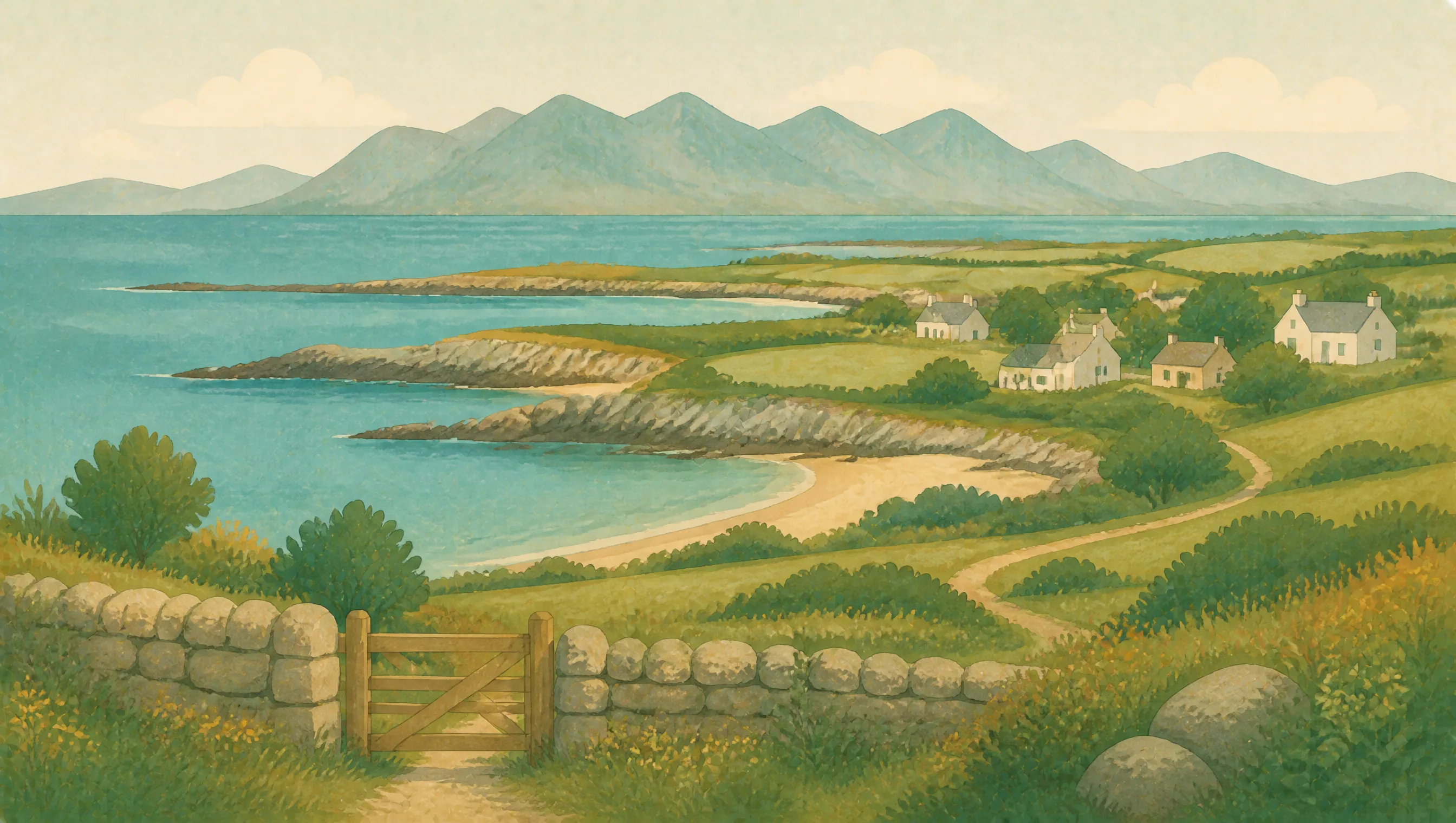 An illustrated Isle of Anglesey coast with rocky bays, white cottages, fields and the mountains of Eryri across the water.