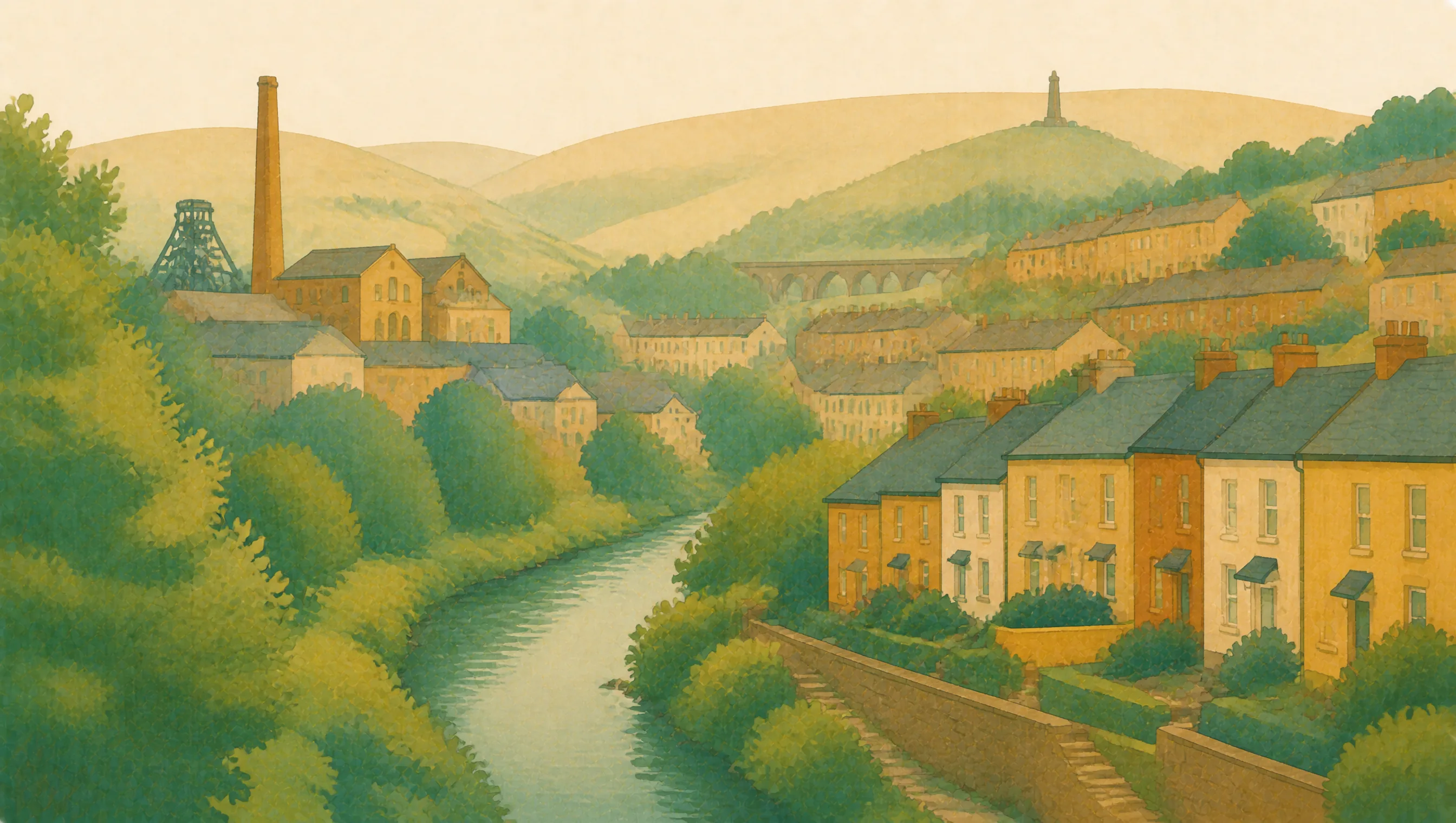 An illustrated Merthyr Tydfil valley with terraced homes, river, industrial heritage and green hills.