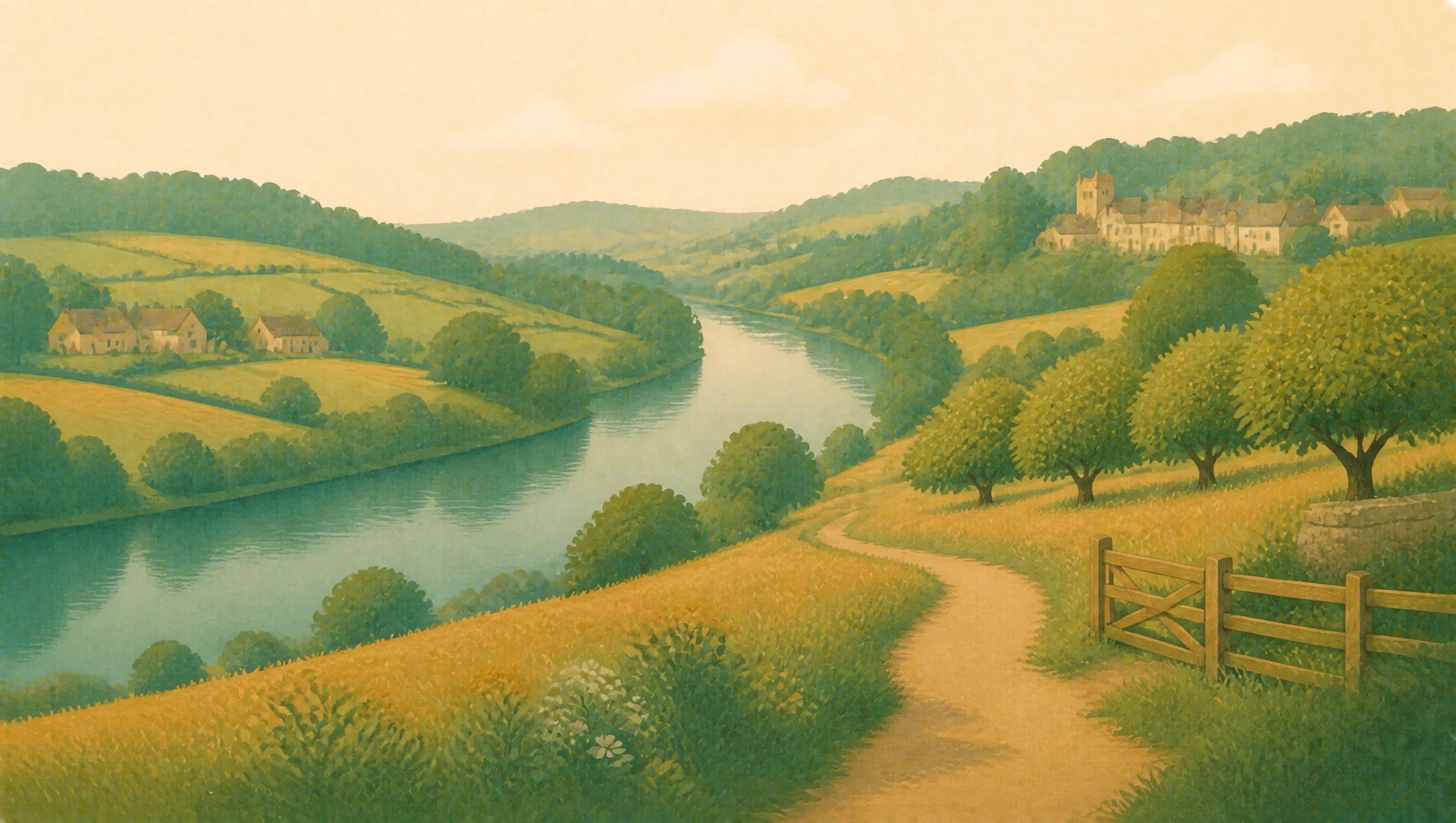 An illustrated Monmouthshire landscape with the River Wye, orchards, wooded hills and a distant stone town.