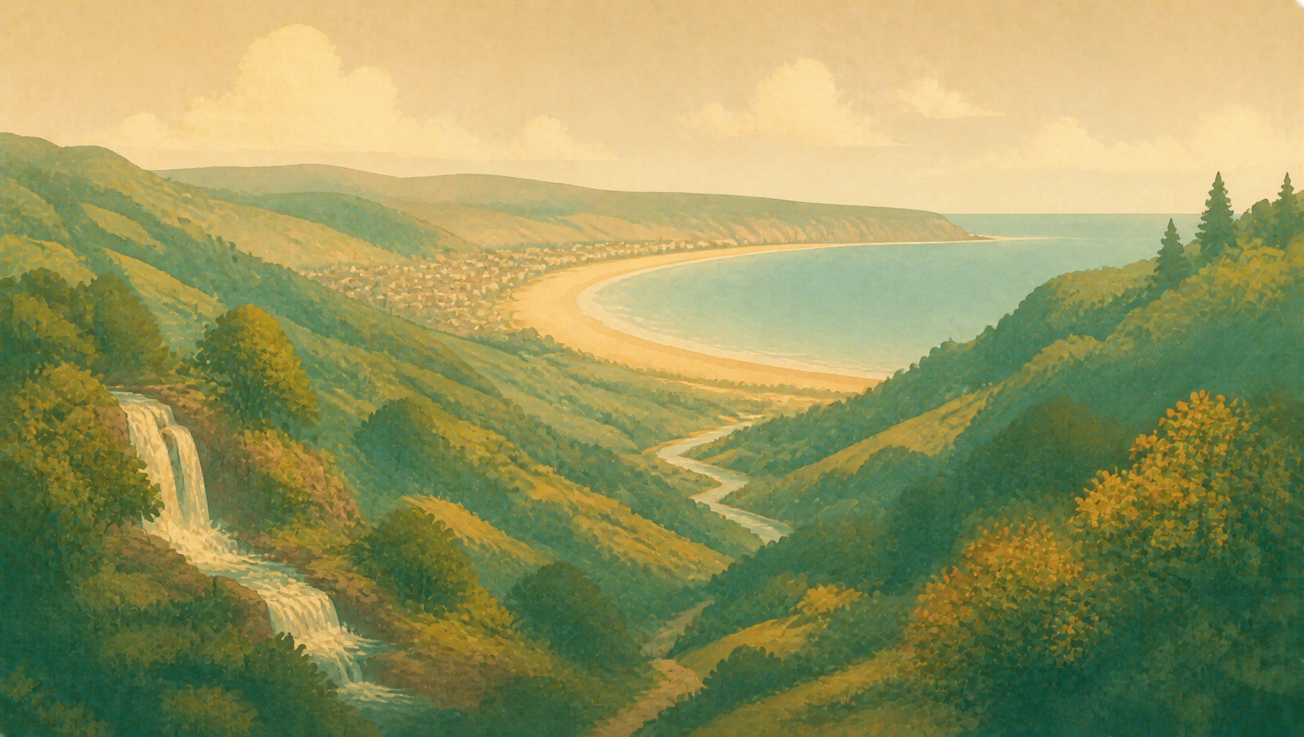 An illustrated Neath Port Talbot landscape with a wooded waterfall valley opening towards Swansea Bay.