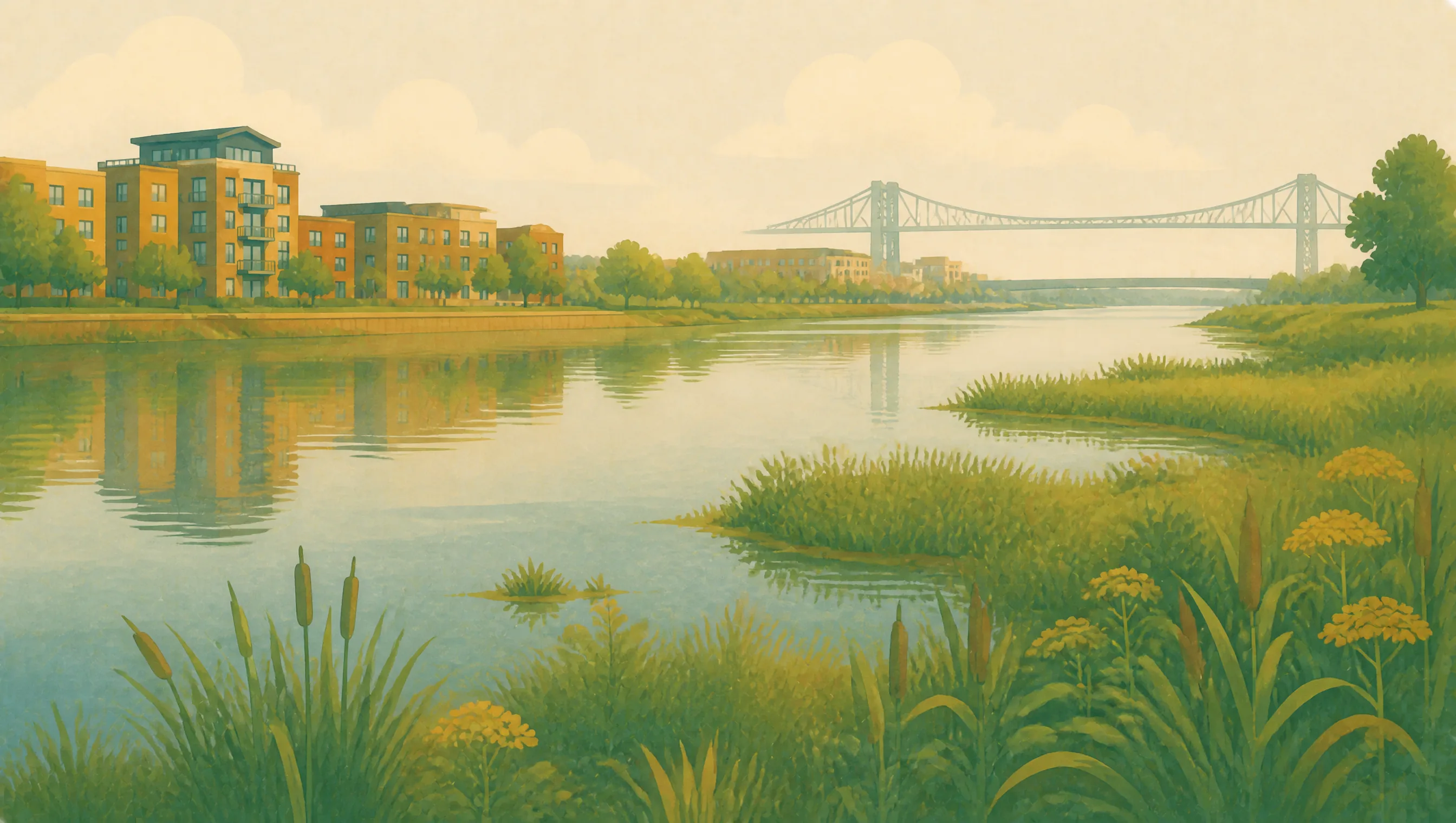 An illustrated Newport riverside with wetlands, modern homes and the transporter bridge in the distance.