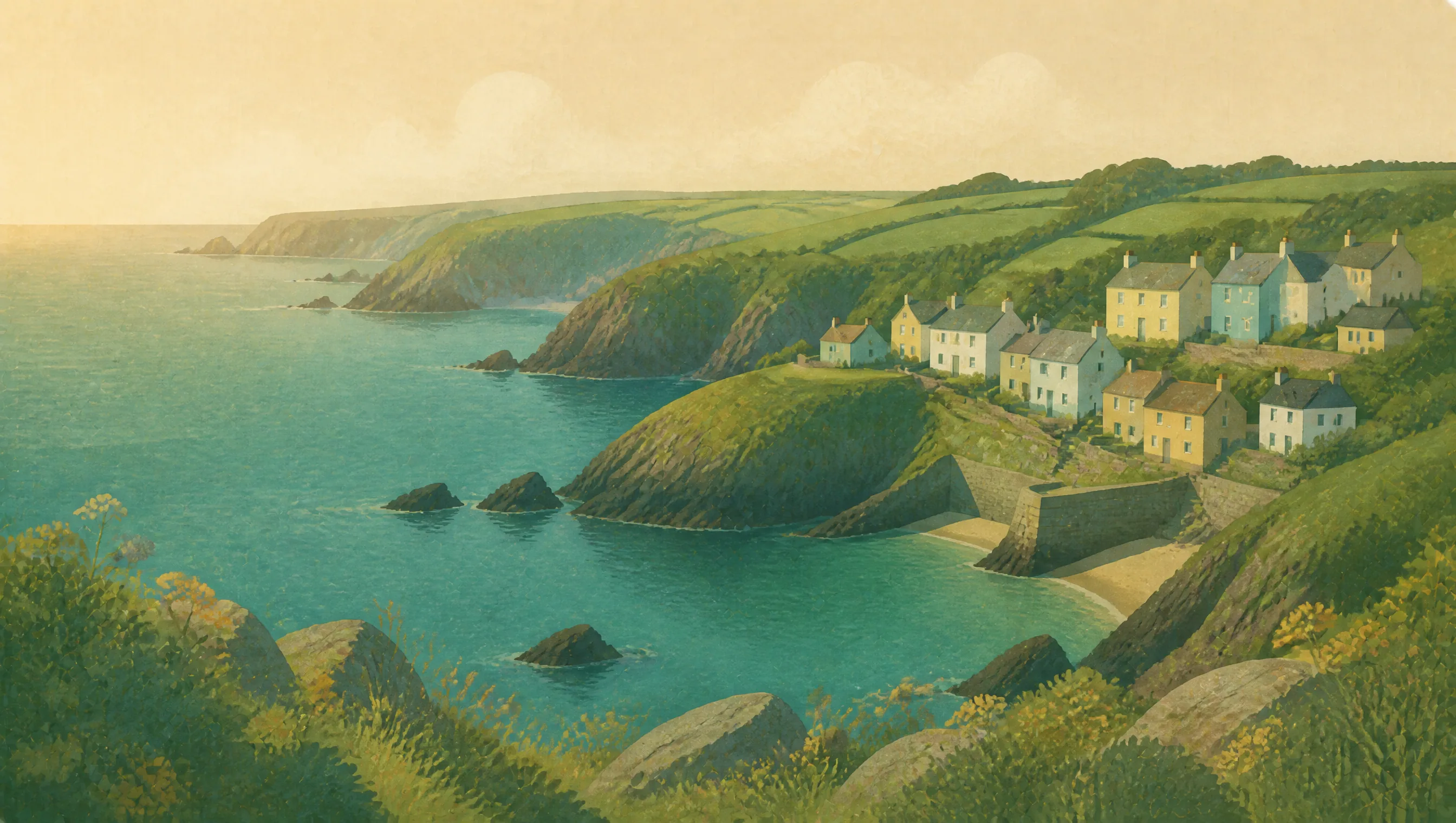 An illustrated Pembrokeshire coast with rocky coves, a stone harbour village and green headlands.