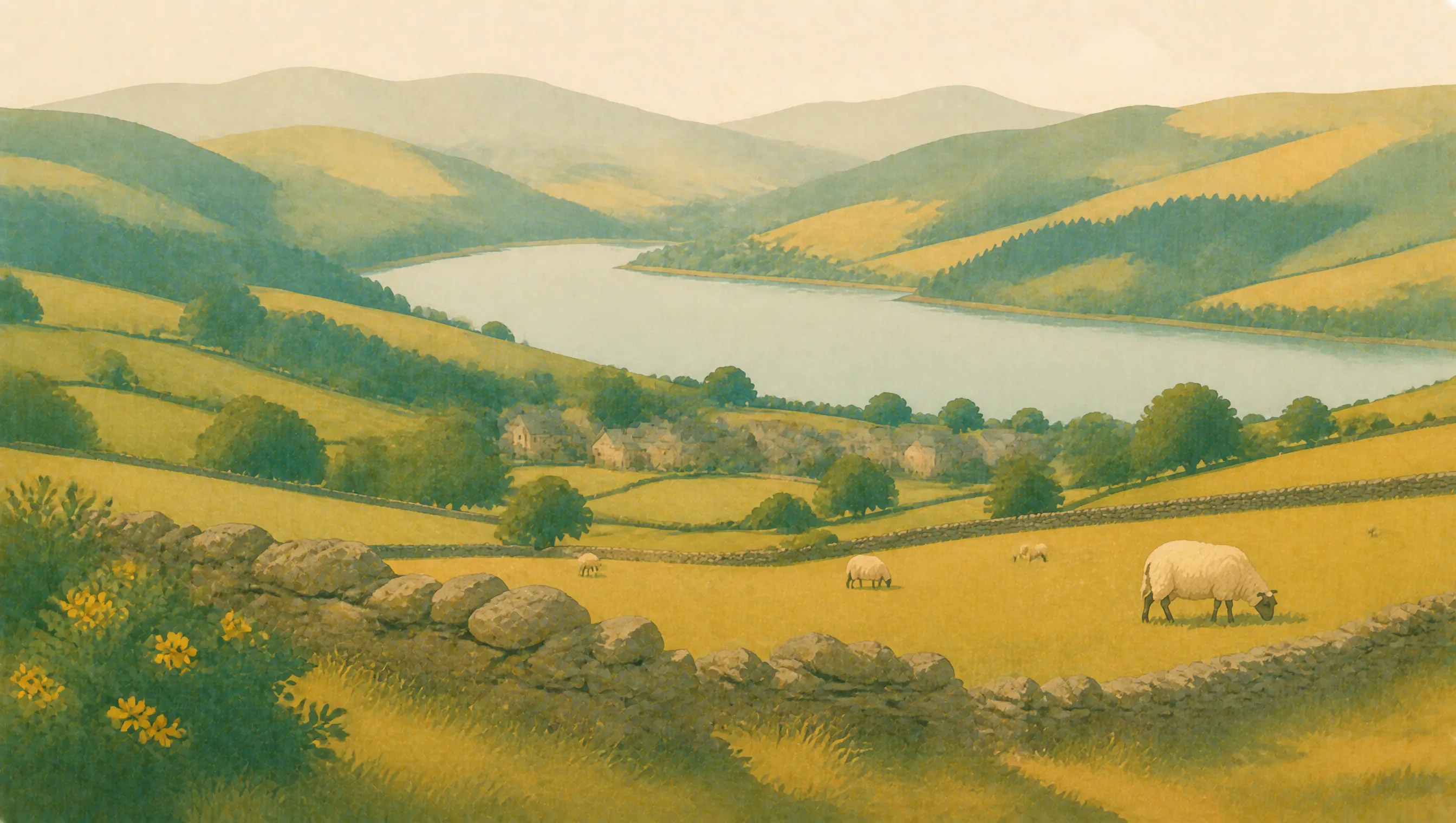 An illustrated Powys landscape with sheep pasture, dry-stone walls, a broad reservoir and rounded hills.