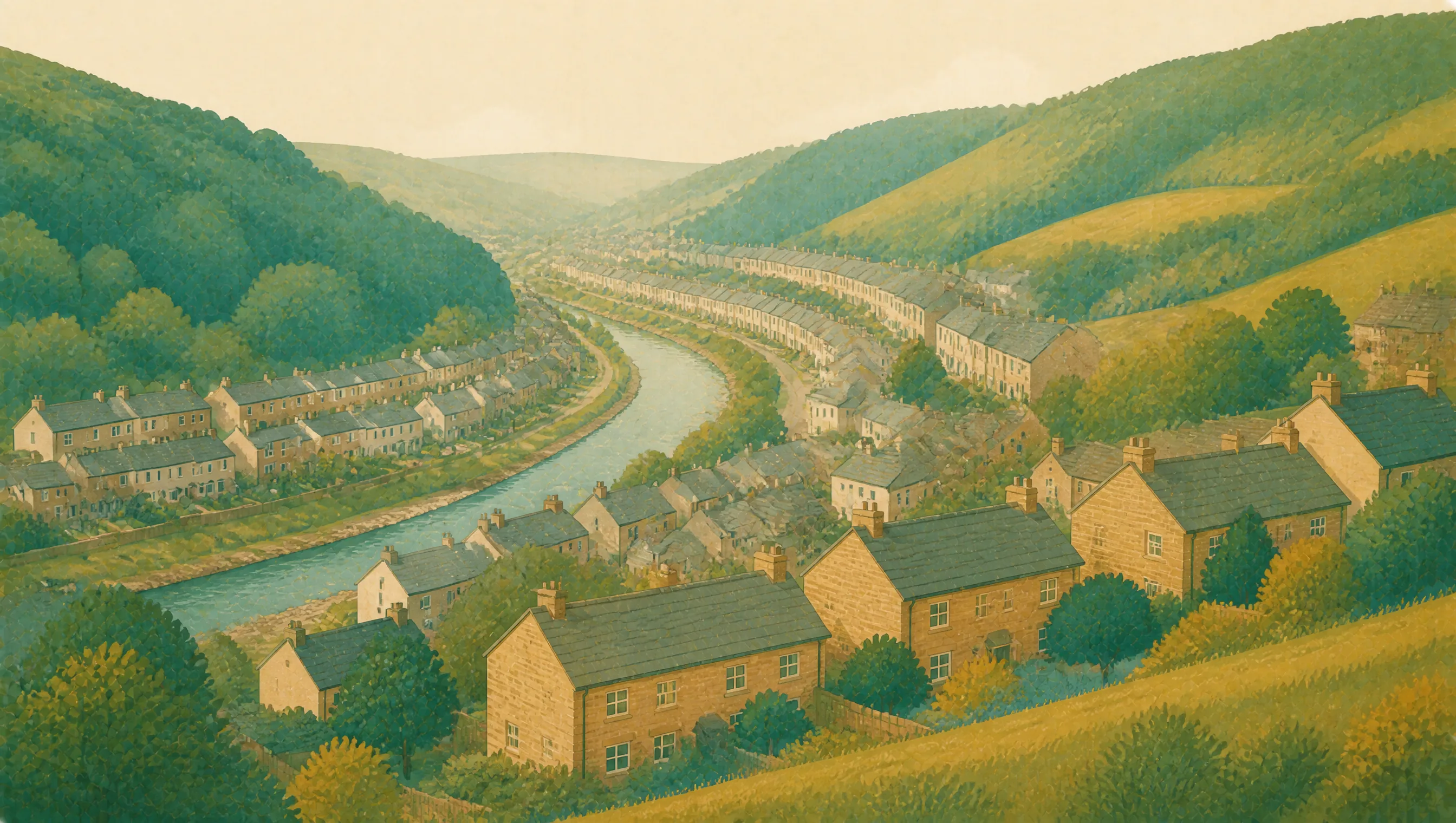 An illustrated Rhondda Cynon Taf valley with terraced homes, river and steep wooded hills.