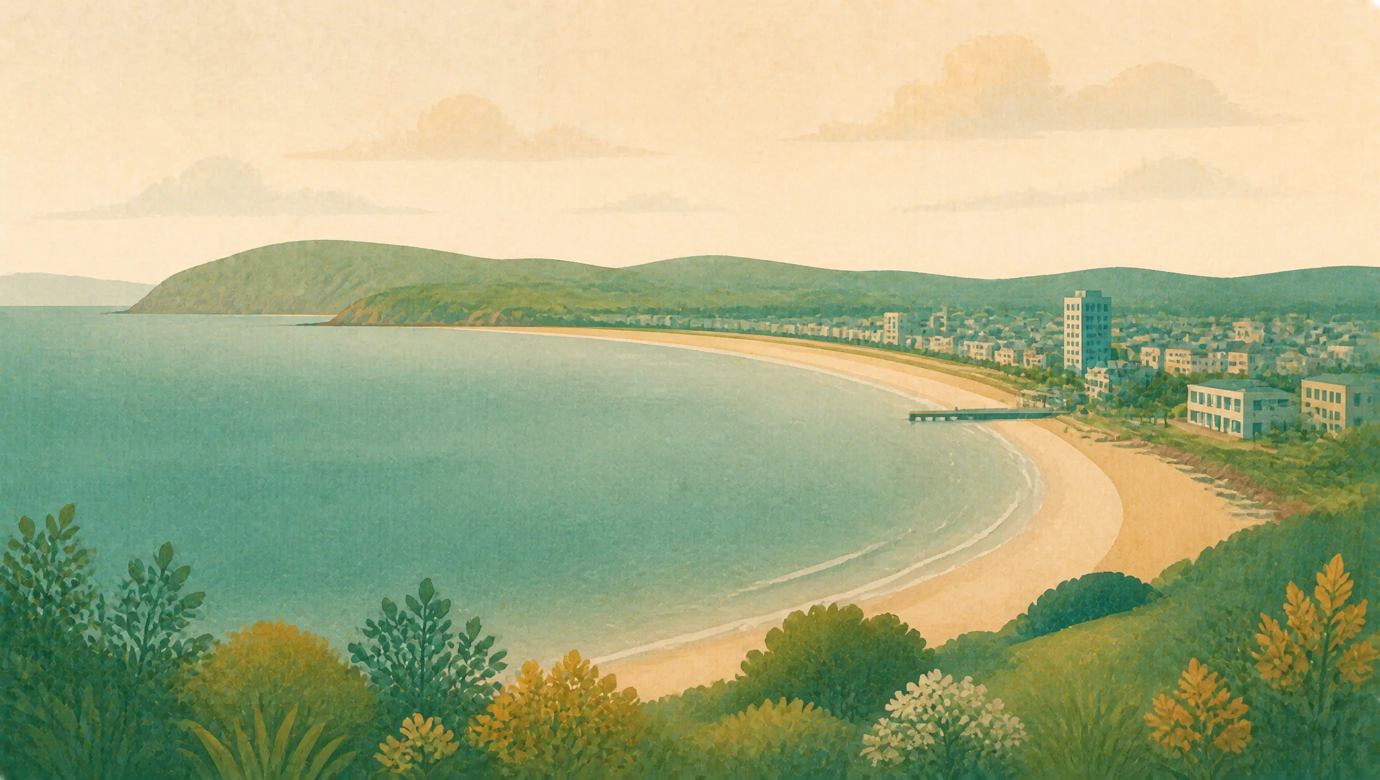 An illustrated Swansea Bay with a sweeping beach, seafront buildings and low green headlands.
