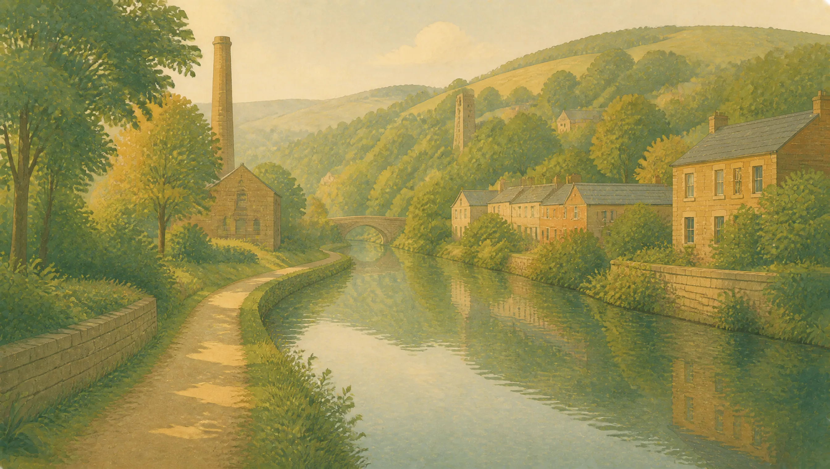 An illustrated Torfaen canal beside stone and red-brick buildings, woodland and a former industrial valley.