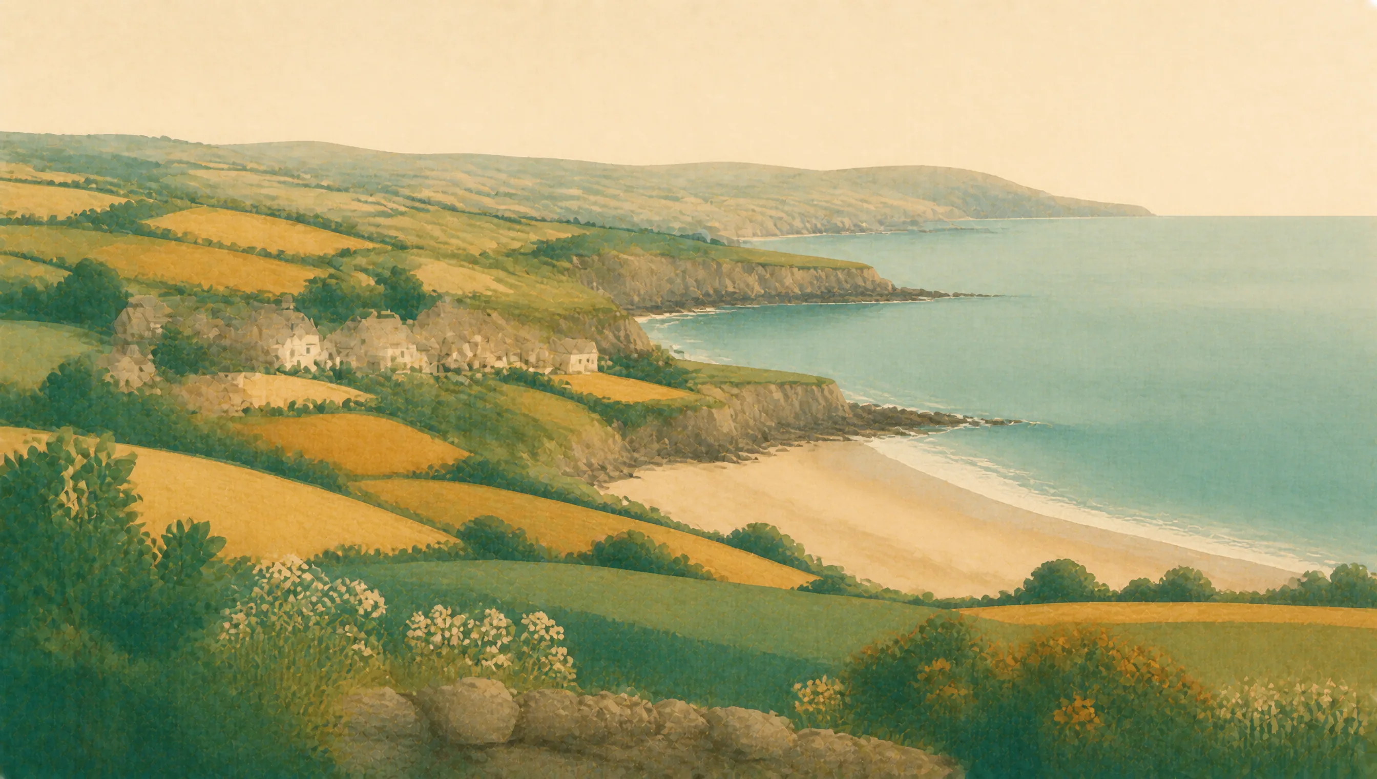 An illustrated Vale of Glamorgan coast with limestone cliffs, sandy coves and patchwork farmland.