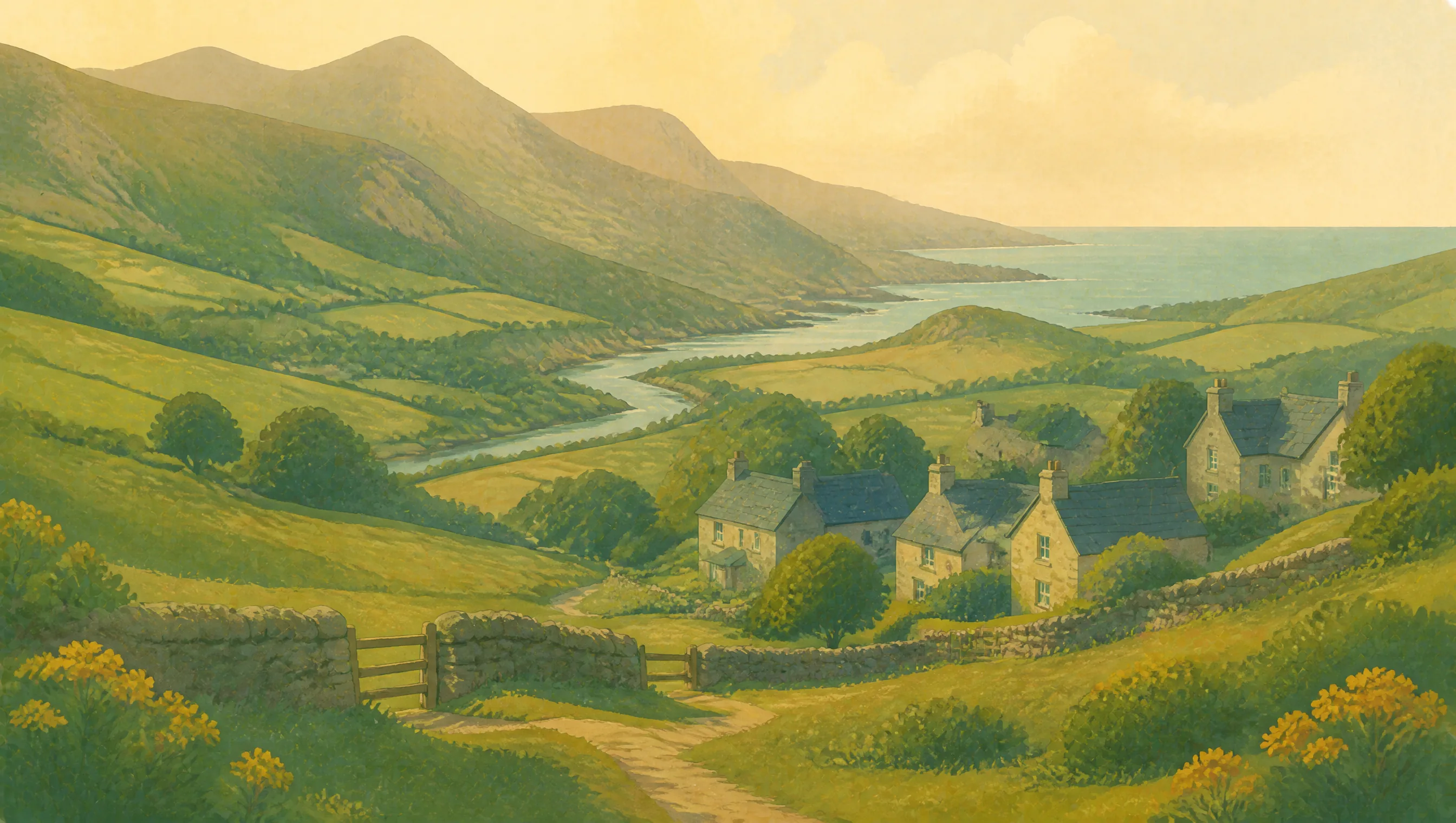 A warm illustrated Welsh landscape of green mountains, a broad valley, cottages and the coast.