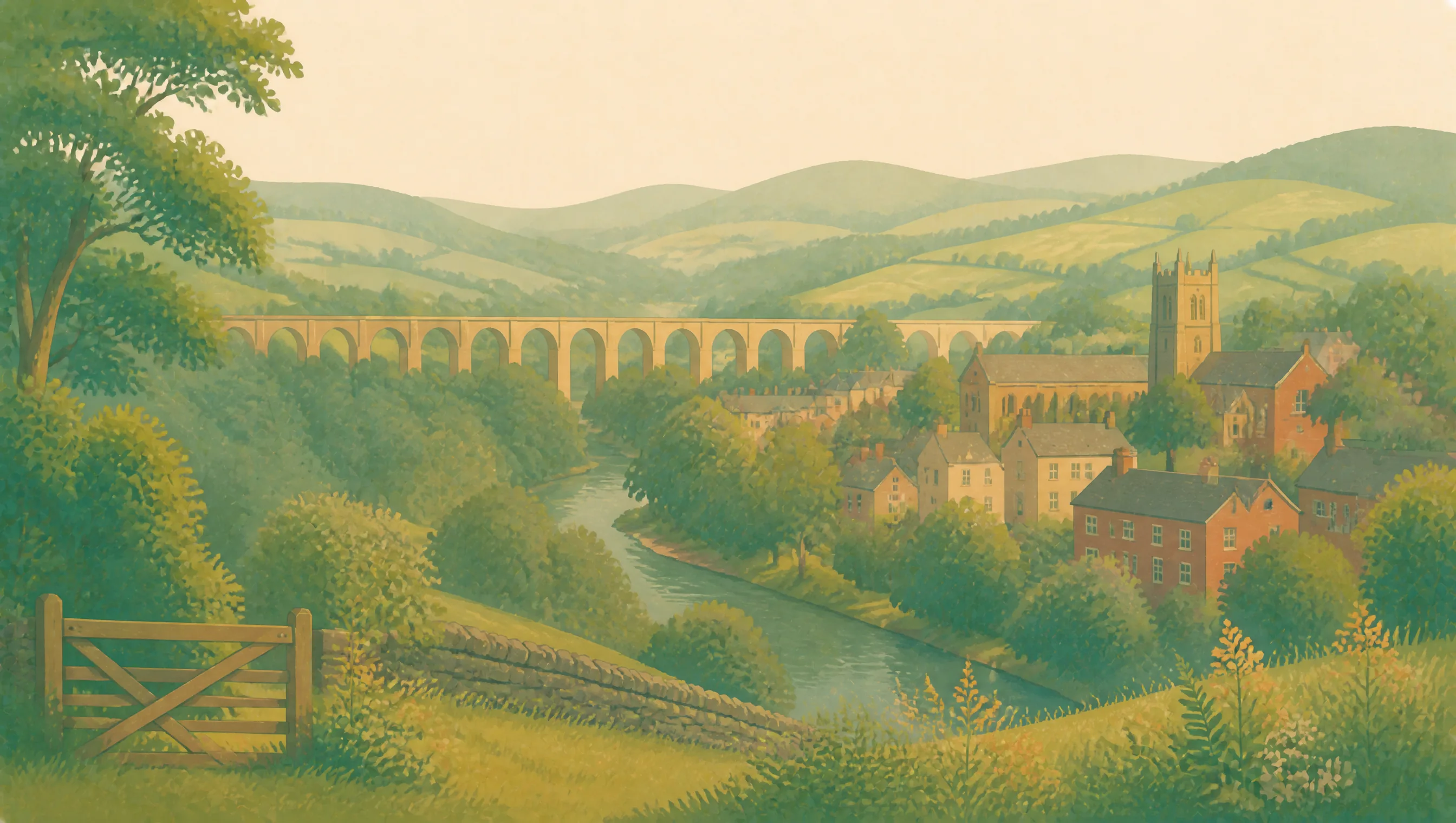 An illustrated Wrexham landscape with a river valley, stone town, church tower and a long railway viaduct.